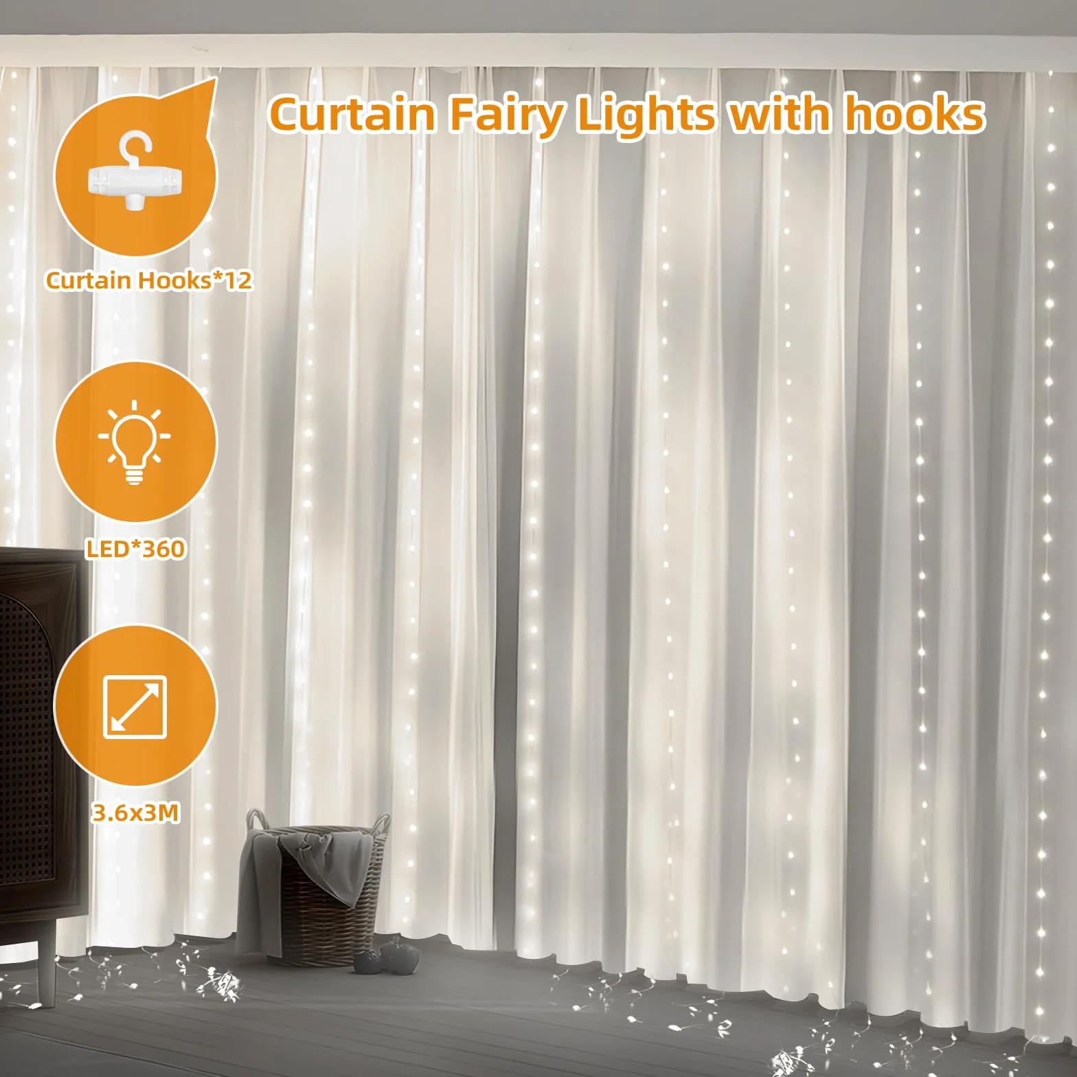 Cortina de Luces LED 360 LED 3.6 x 3M con Control Remoto 8 Modos USB para Exterior Navidad Jardín (Blanco frío)