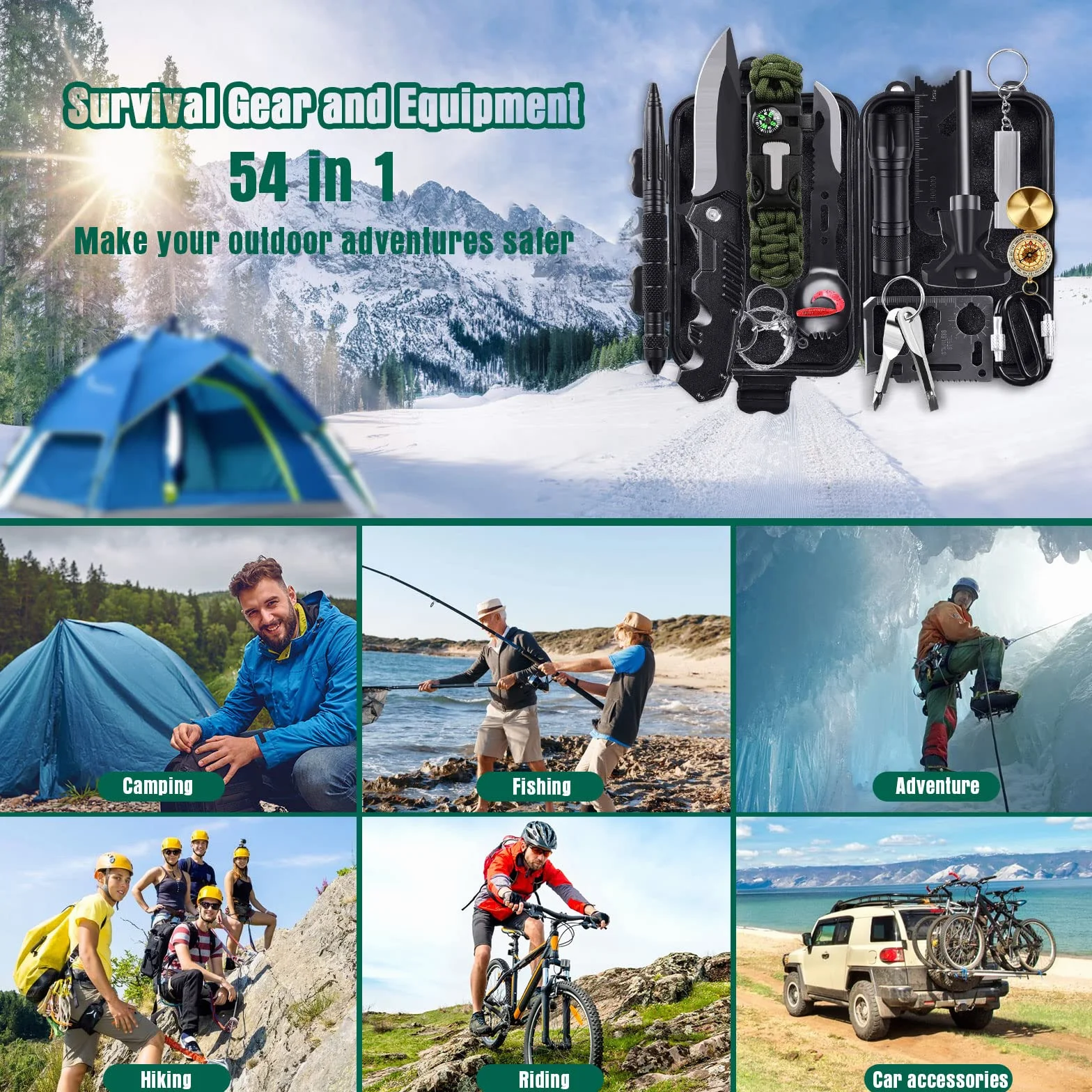 Kit de Supervivencia LC-dolida 54 en 1, Kit de Supervivencia de Emergencia al Aire Libre con Cuchillo/Linterna táctica para Acampar/bushcraft/Senderismo/Caza/Aventuras al Aire Libre