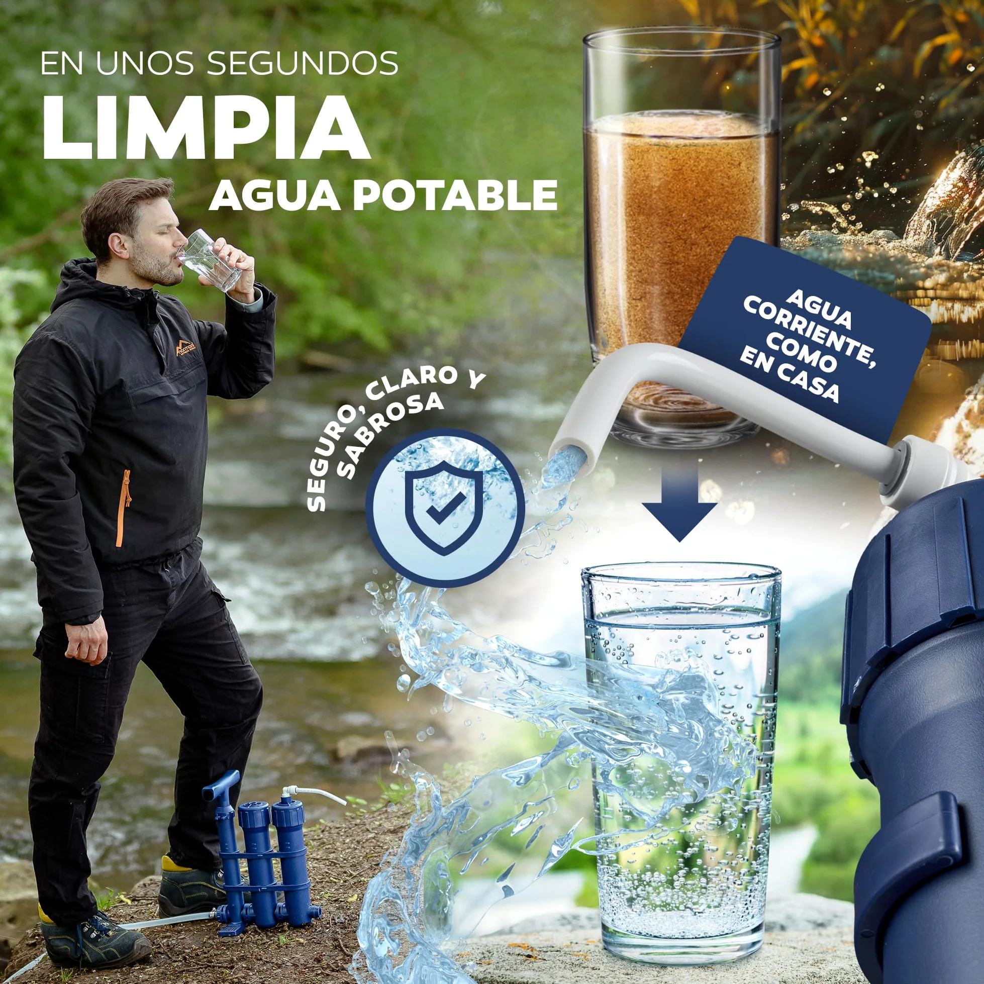 HYDROSOLVE - Filtro de agua portátil para exteriores, sistema de tratamiento de agua de emergencia con bomba de mano, filtración para senderismo y camping (filtro de agua)