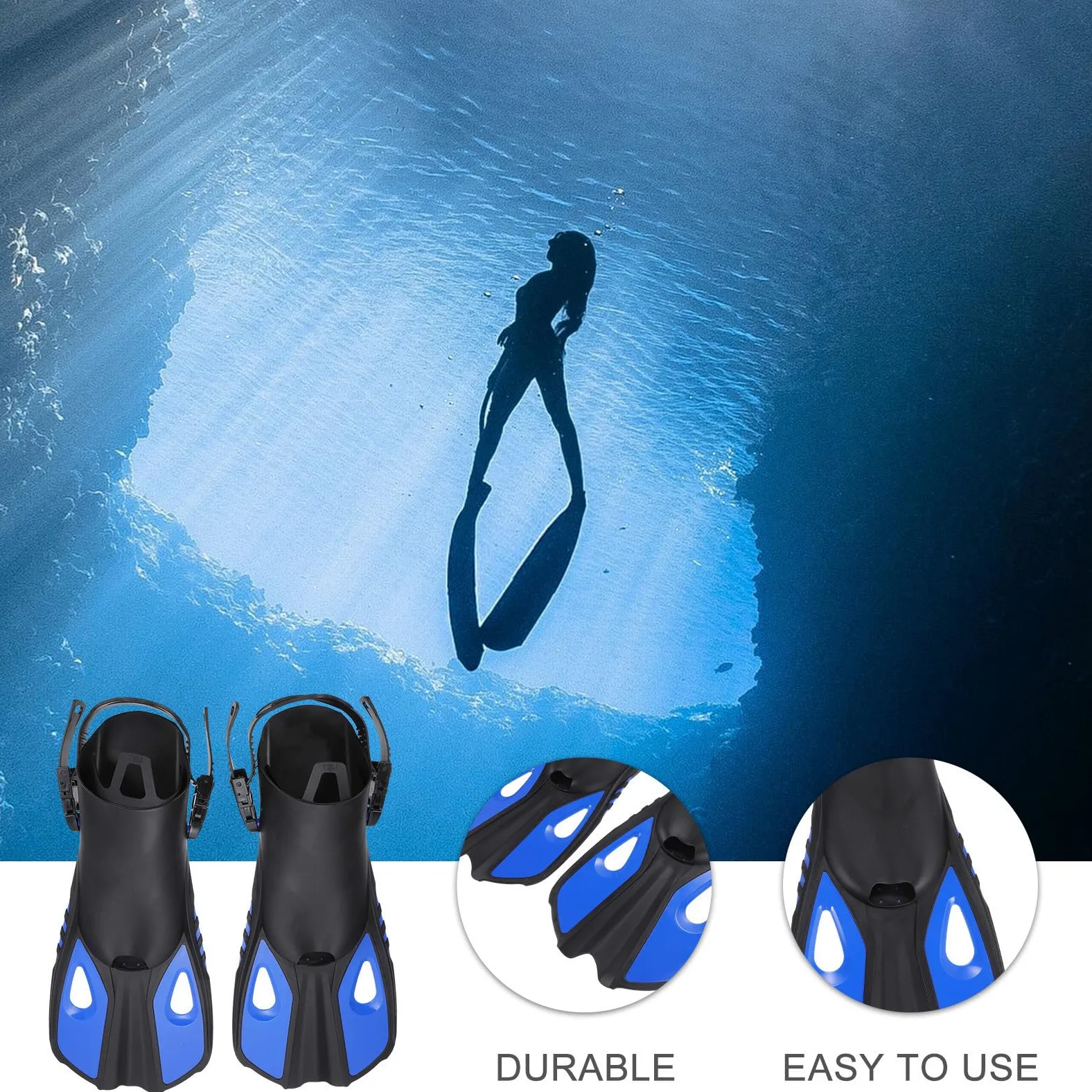 Aletas de Snorkel Ajustables para Adulto, Goma Azul, 1 Par | Liberación Rápida y Ajuste Rápido, para Natación y Snorkel, Adecuado para Principiantes