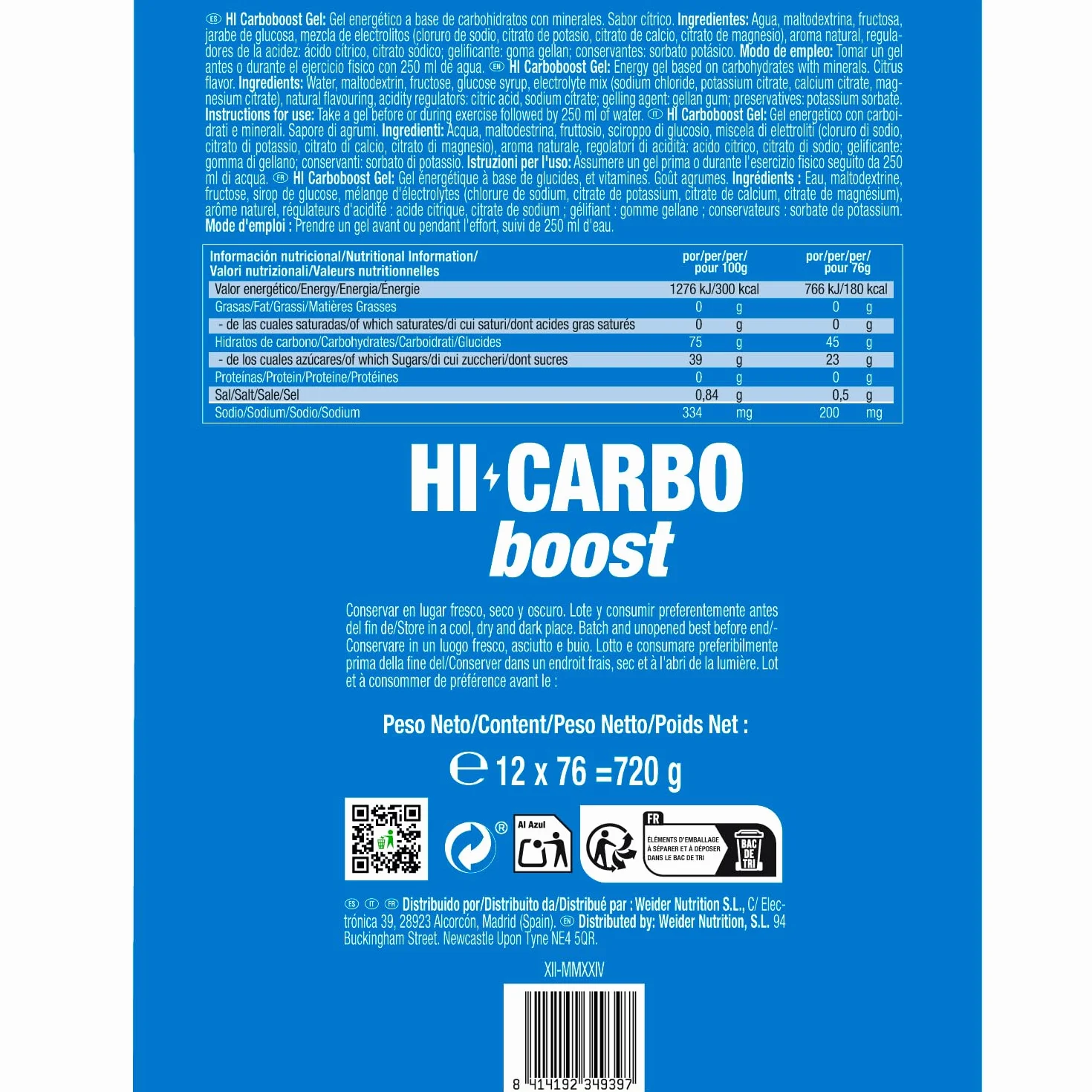Victory Endurance HI Carbo Boost Gel 1:0,8 Series (12x76g) Cítricos Sin Cafeína 45g Carbohidratos 200mg Sodio Energía
