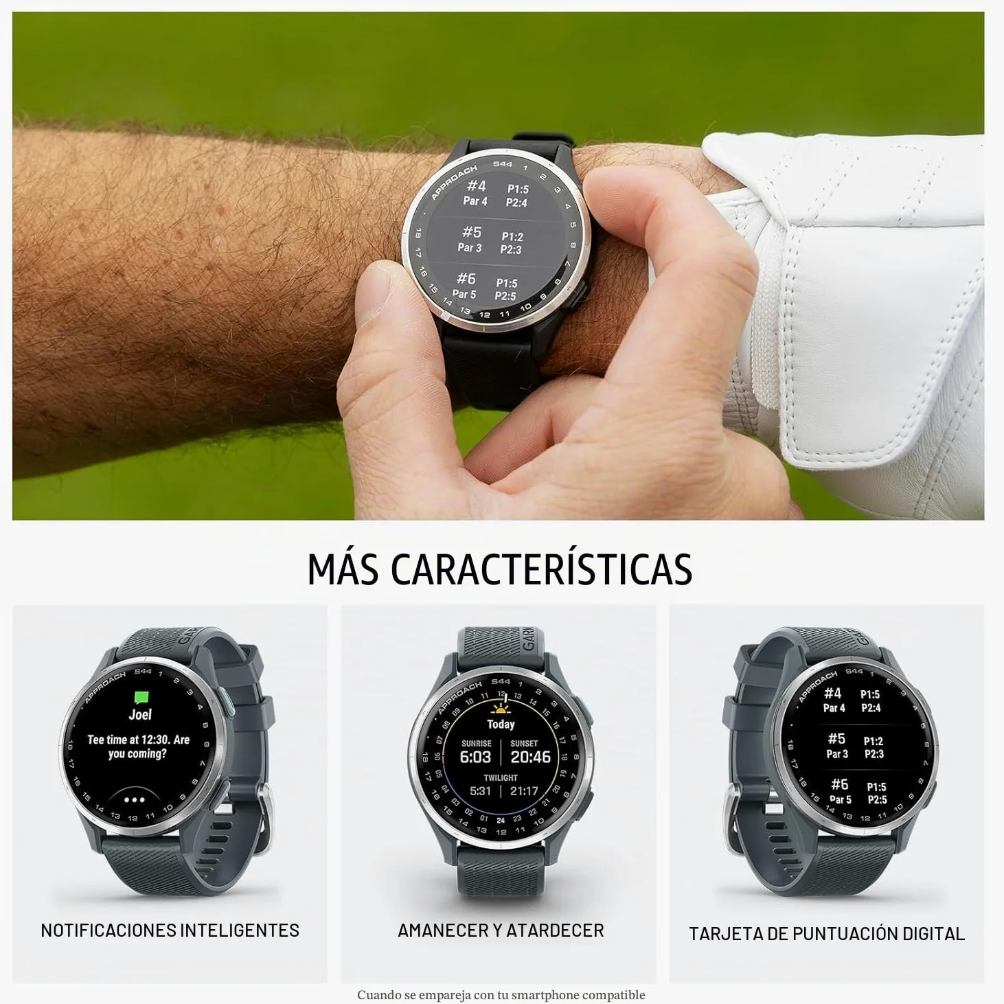 Garmin Approach S44 Essential - Reloj de golf con GPS, pantalla AMOLED, características en el campo, reloj inteligente deportivo y fitness, bisel de aluminio plateado con correa de silicona negra
