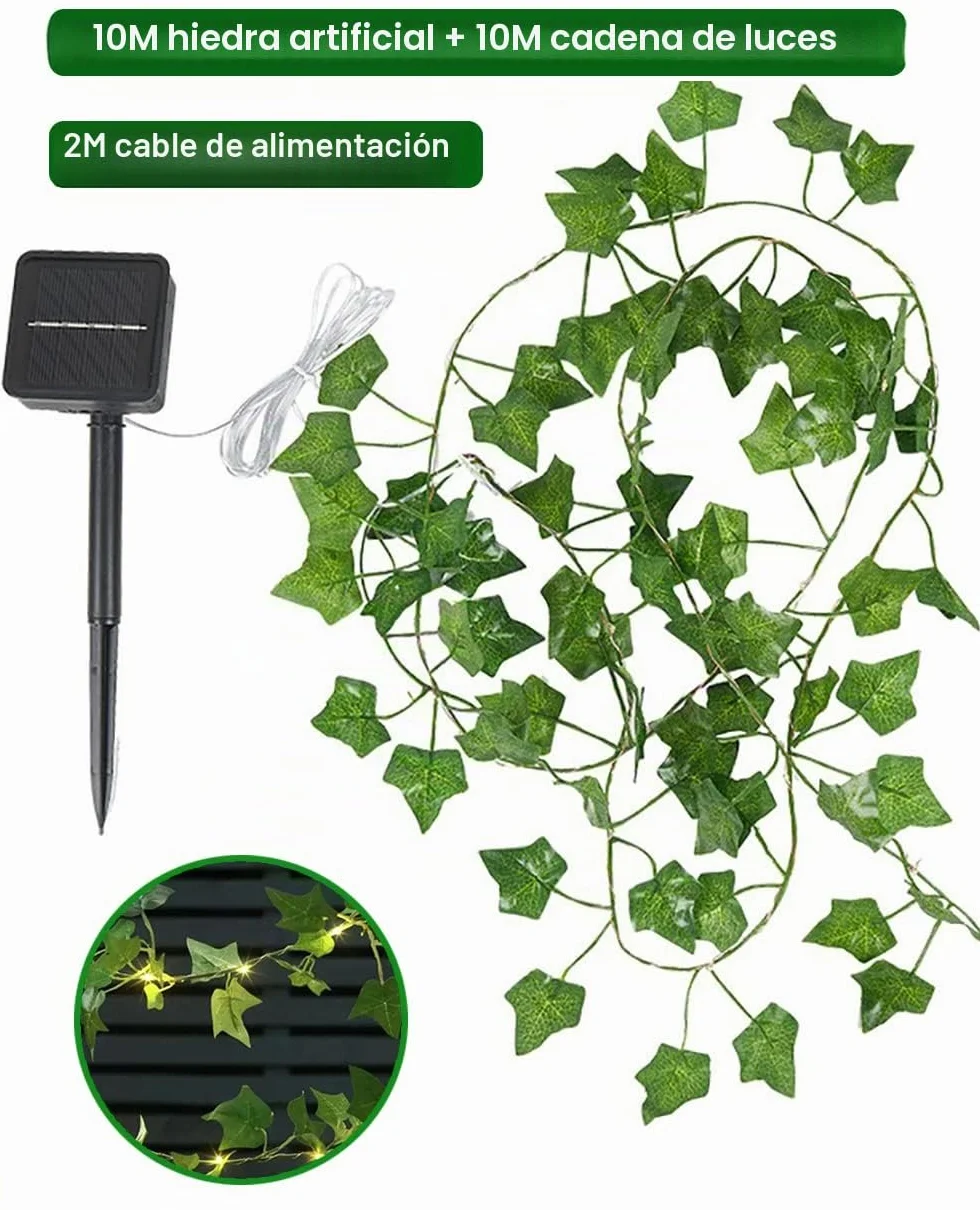 Guirnalda Luces Exterior Solar 10M 100 LED Hiedra Artificial 8 Modos Impermeable Cadena Luces Hojas Jardín Decoración
