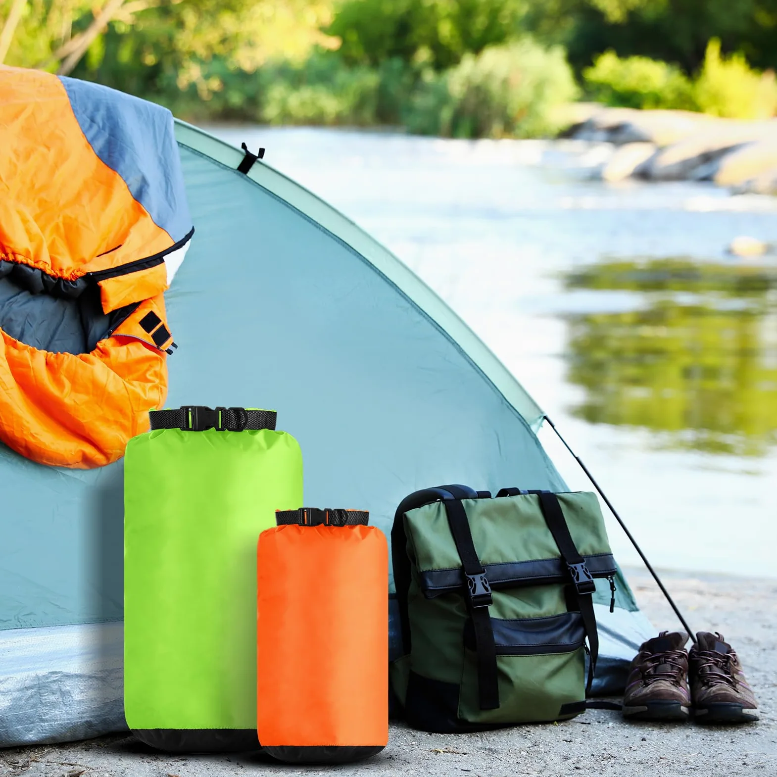 6 bolsas impermeables ligeras para exteriores, 35 L, 20 L, 15 L, 10 L, 5 L, 3 L, bolsa impermeable para barco, kayak, mochilero, senderismo, camping, rafting (color fluorescente)