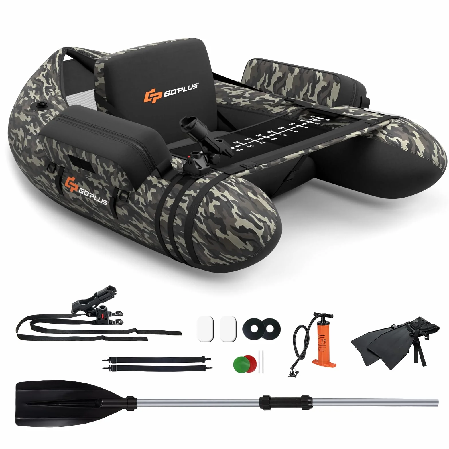 GOPLUS Bellyboot, Belly Boat soporta hasta 150 kg, bote inflable para pesca con remo de aluminio, bomba, aletas, regla de pescado, soporte para cañas y 2 correas de hombro, 135 x 109 x 54 cm