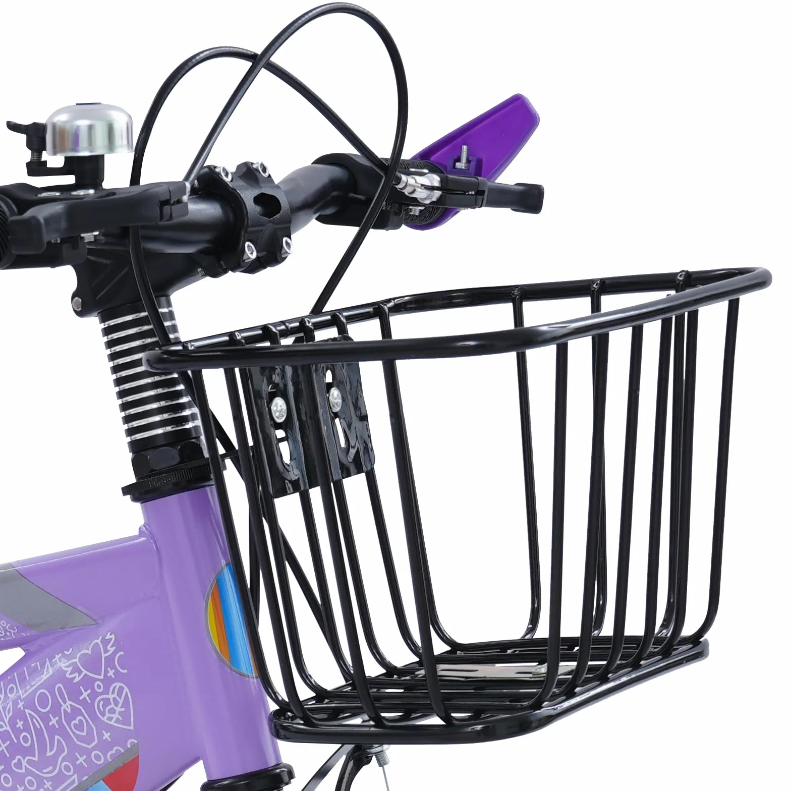 Bicicleta infantil de 14 pulgadas con asiento trasero, cesta ajustable y ruedas estabilizadoras, adecuada para niños y niñas de 3 a 6 años y una estatura de 95 a 115 cm, color morado