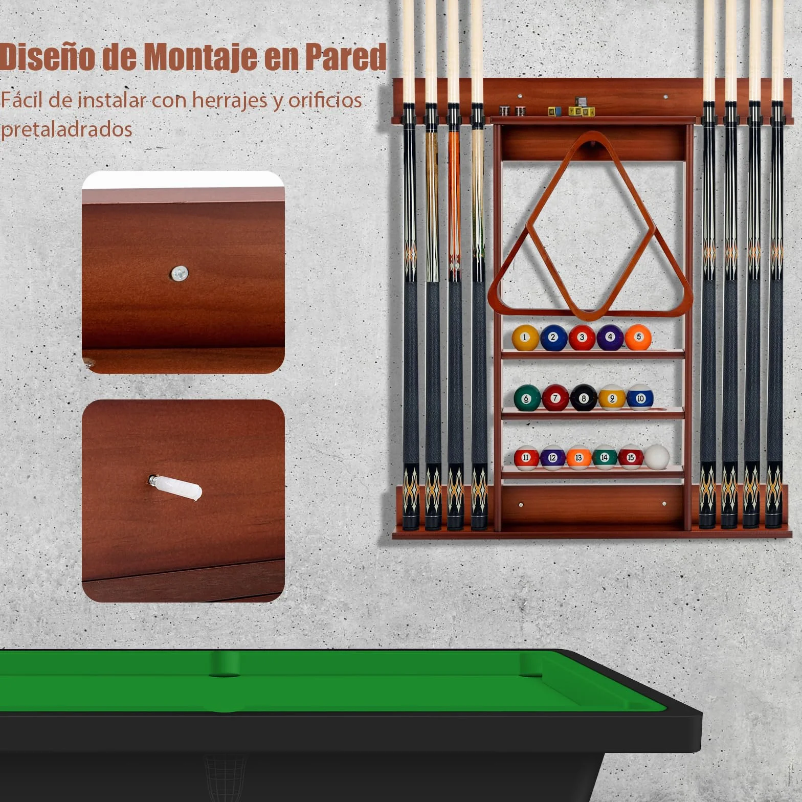 GYMAX Soporte para Tacos de Billar de Madera de Pino, para 8 Tacos, 15 Bolas y Accesorios