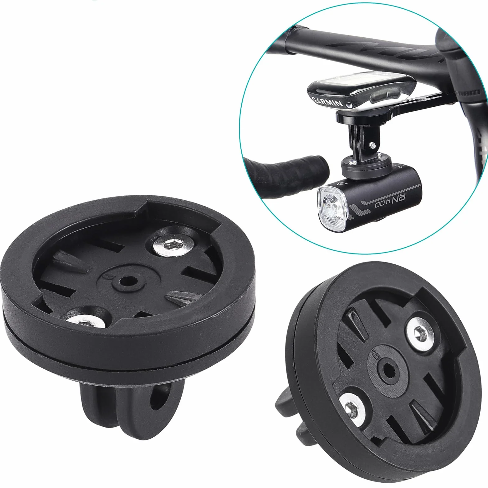 Soporte de Bicicleta para Garmin & Gopro, 2 Juegos Universal Combo Adaptador, Compatible con Computadora de Bicicleta Garmin Edge, Espaciado 20-22mm, Base Fija para Luz y Cámara, Color Negro
