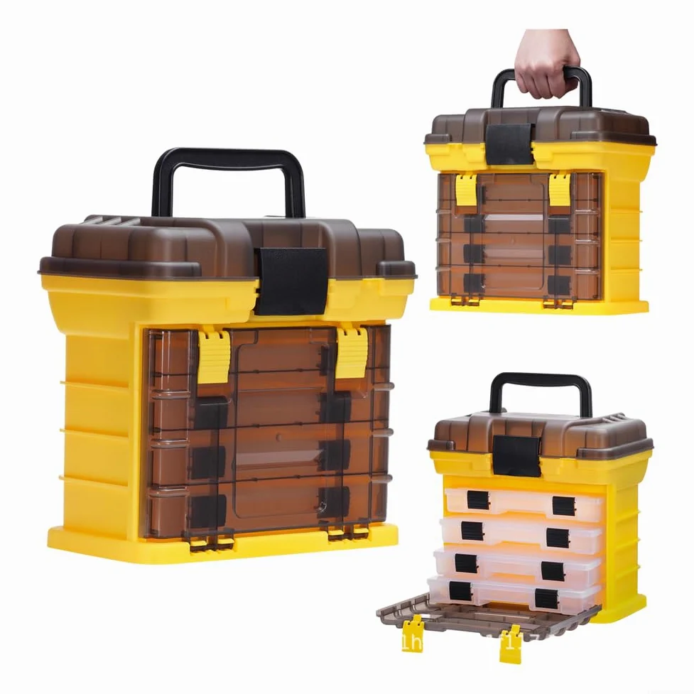 Caja de aparejos de pesca, organizador de almacenamiento de señuelos multicompartimento con sello impermeable y mango portátil para anzuelos, cebos y accesorios, amarillo té (rosa)