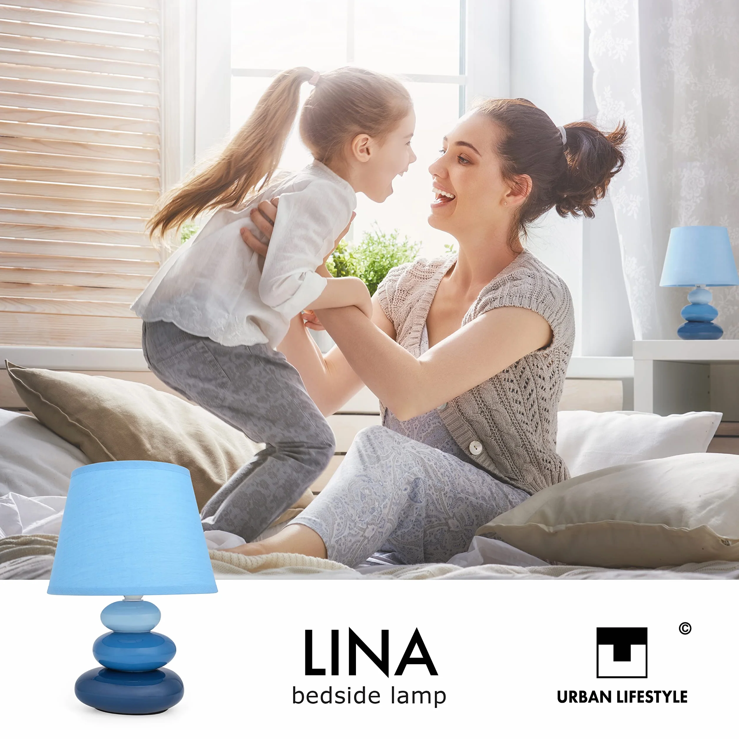 Lámpara mesita noche azul cerámica pantalla tela E14 230V LED