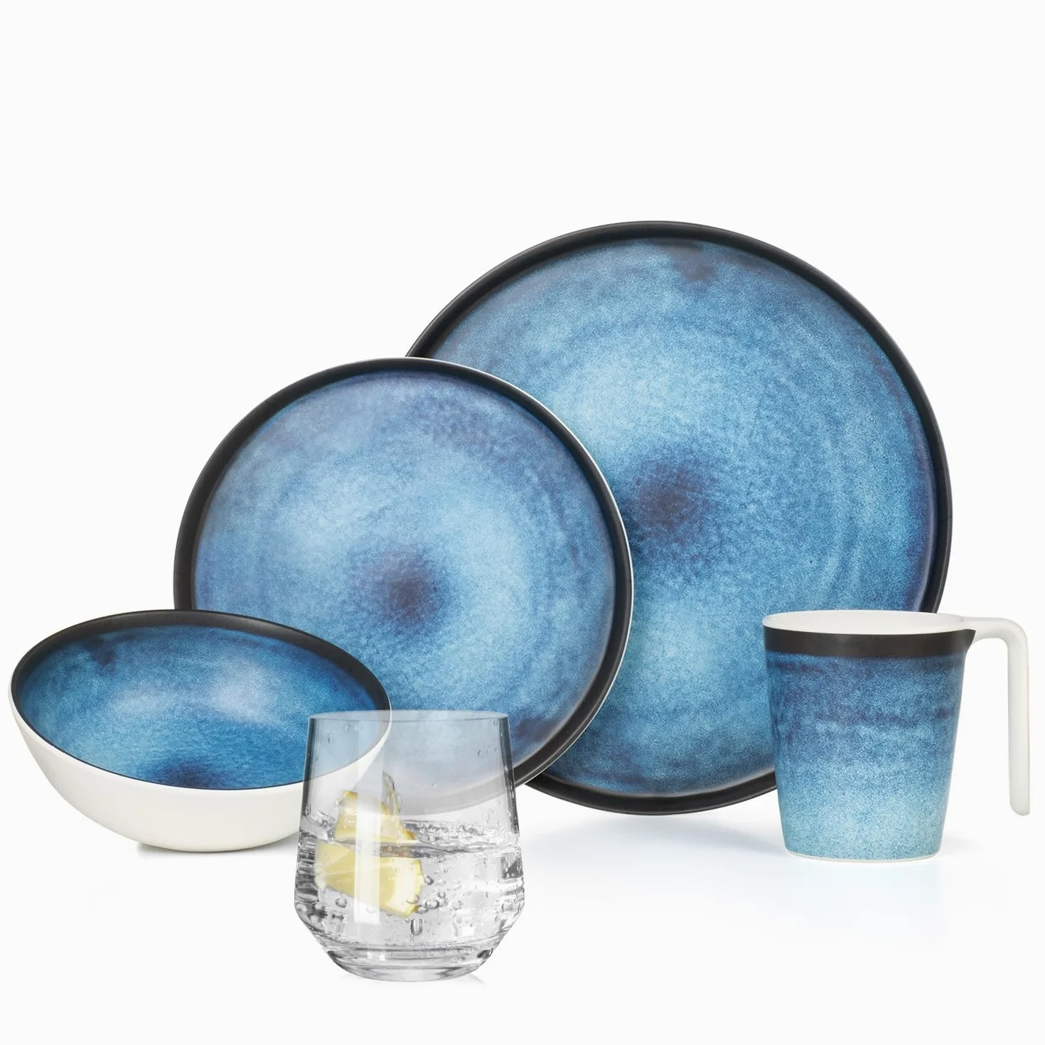 Vajilla de melamina para camping, 4 personas, Deep Ocean + 4 vasos Milano de vasos de agua, vajilla de pícnic, barbacoa