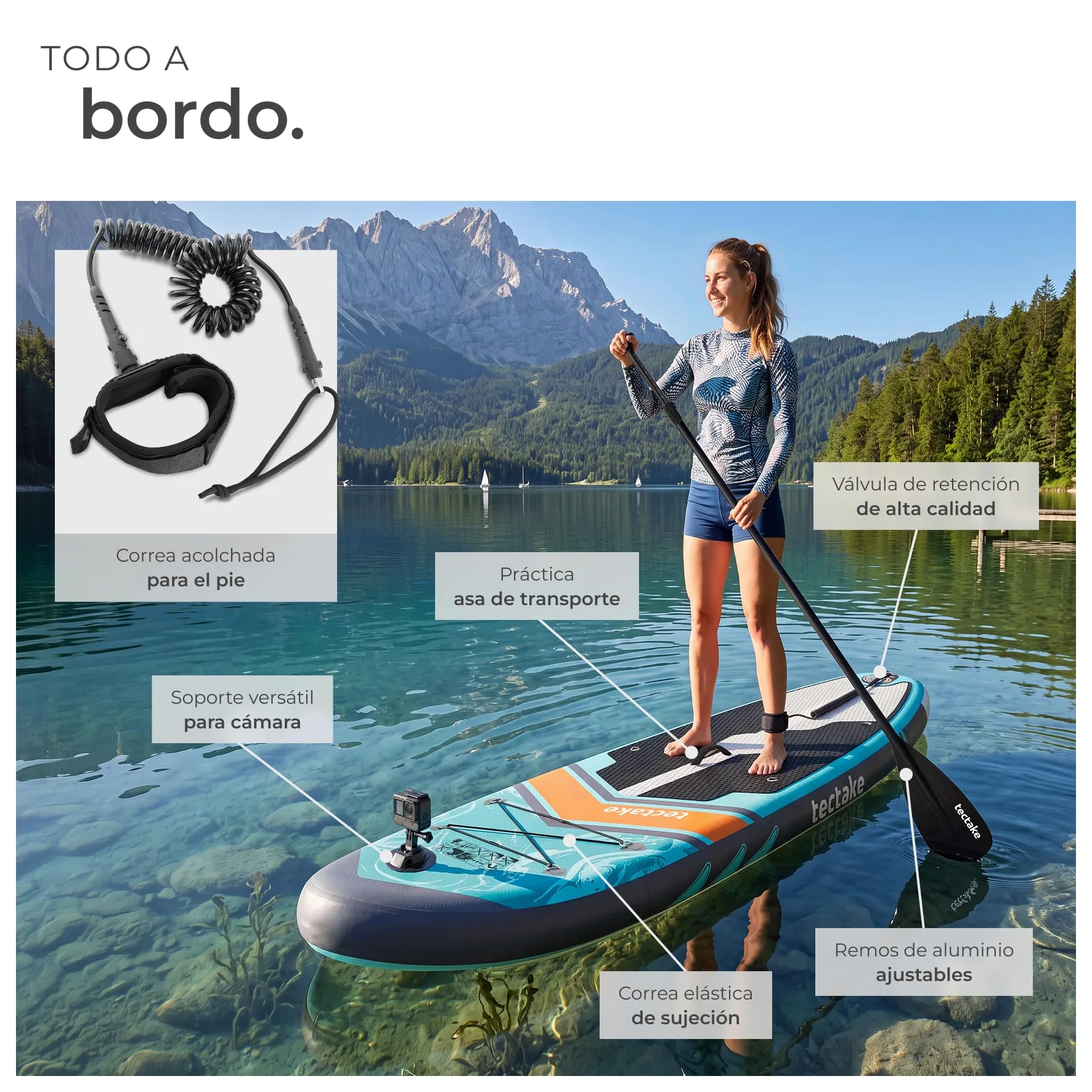 tectake® Tabla Sup Hinchable, Soporte Cámara, 200 kg, Antideslizante | Asiento de Kayak, hasta 200 kg, Antideslizante, 288 cm, Material Drop-Stitch, Raqueta Doble Ajustable, SUP, Turquesa/Naranja