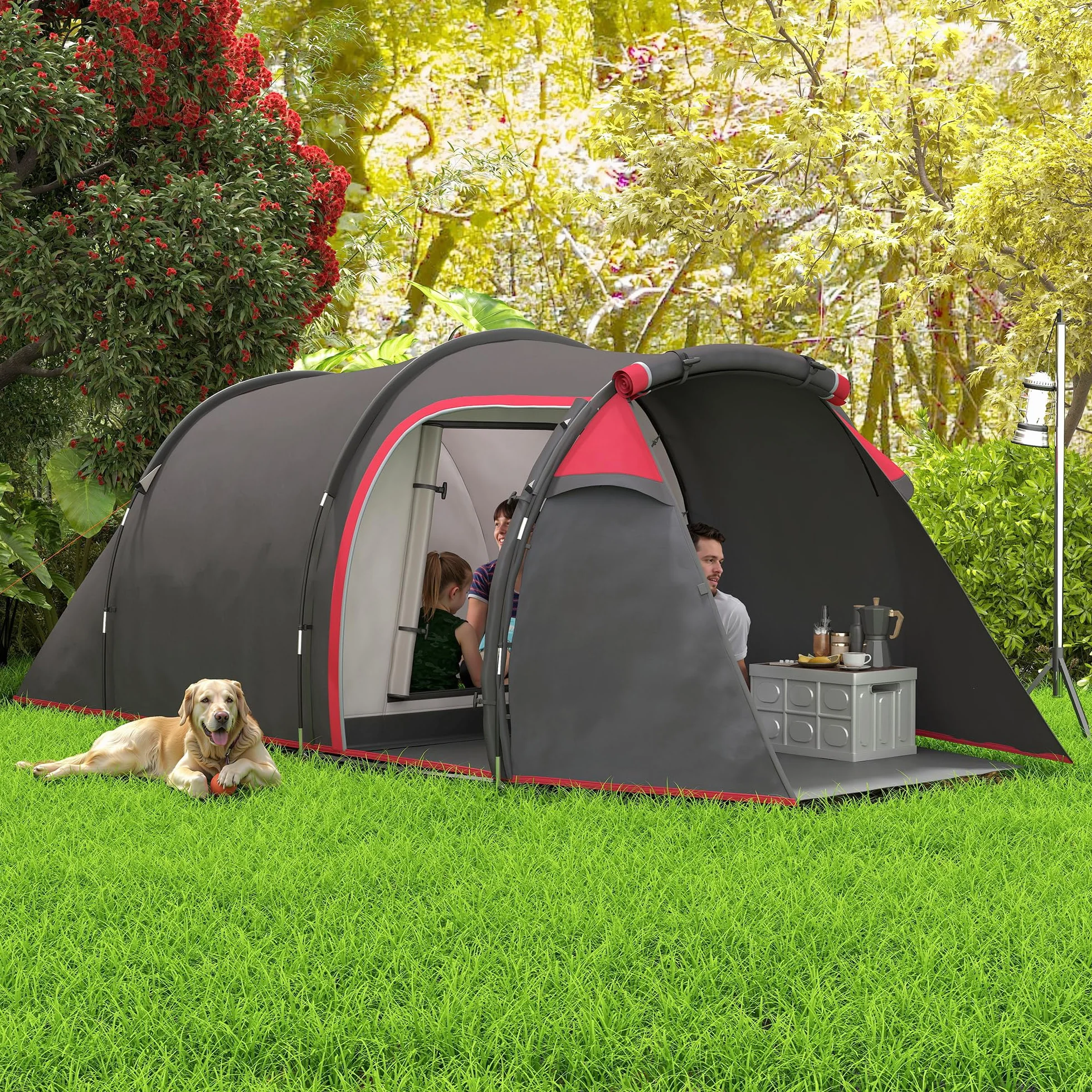 Outsunny Tienda de Campaña Familiar Tipo Túnel 2-3 Personas Plegable Impermeable 2000+ mm a Prueba de UV 20+ Ligero con Vestíbulo y 4 Estaciones para Camping Senderismo 426x206x154 cm