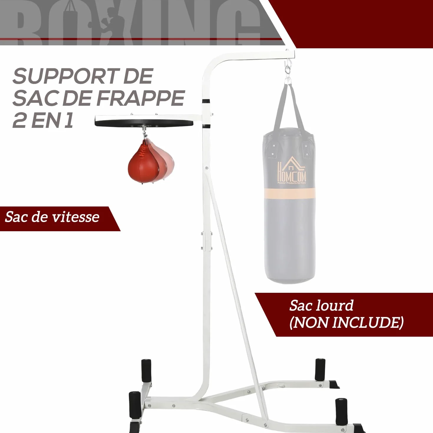 HOMCOM Soporte para saco de boxeo sobre pies autoportantes 2 en 1 con bulbo de velocidad regulable en altura plato redondo, robusto equipo de entrenamiento de acero para el hogar blanco