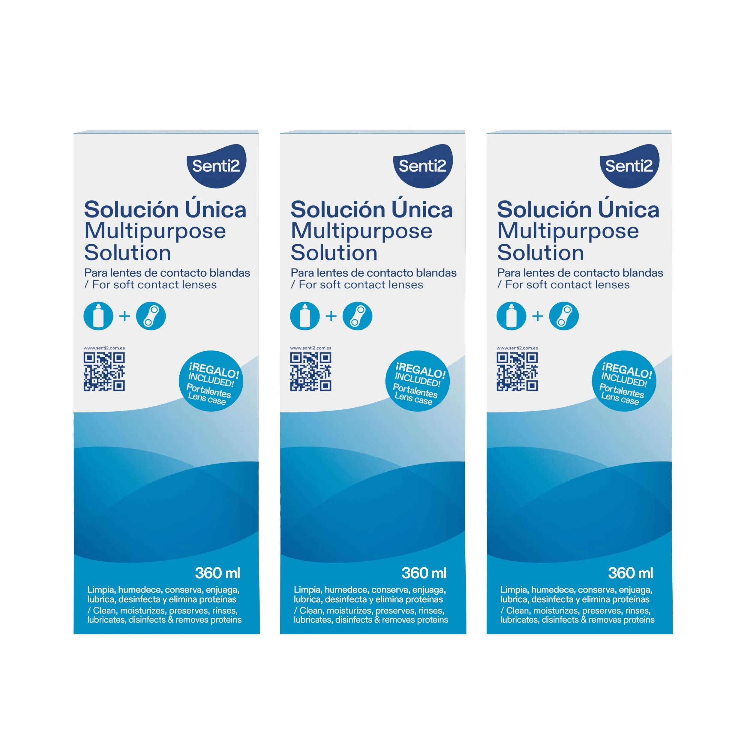 Senti2 Solución Multipropósito Lentes Contacto Blandas 360 ml Portalentes Regalo Paquete 3
