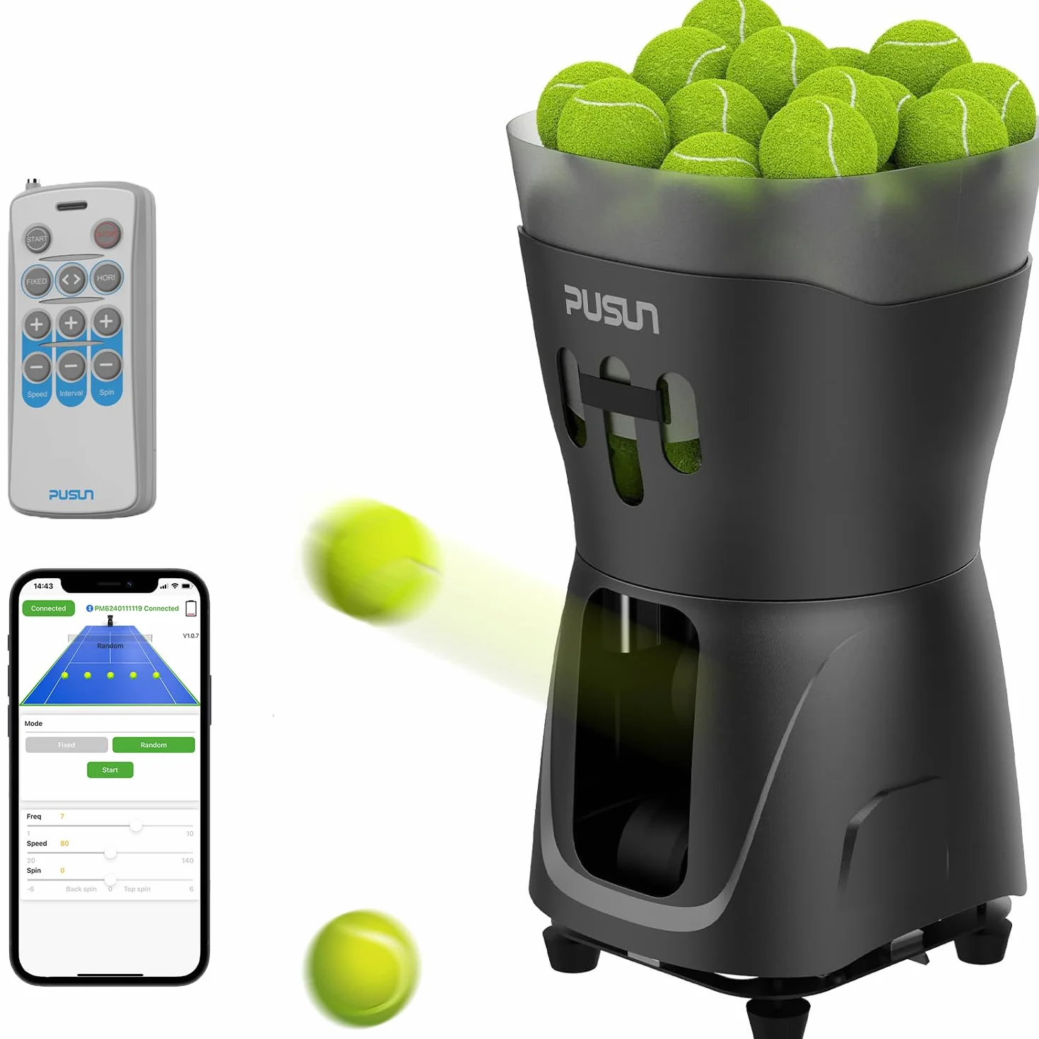 PUSUN Máquina lanzadora de pelotas de tenis niños principiantes capacidad 65 pelotas doble control aplicación control remoto batería 3-5 horas