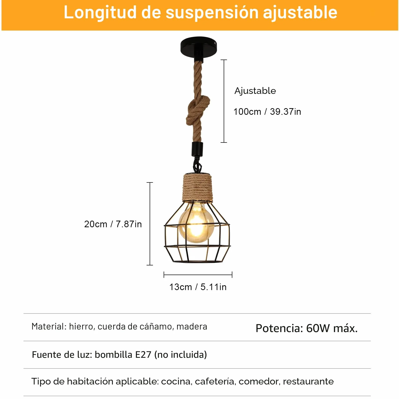 Vintage Lámpara Colgante Madera Cuerda de Cáñamo, Altura Ajustable, E27, Industrial Retro