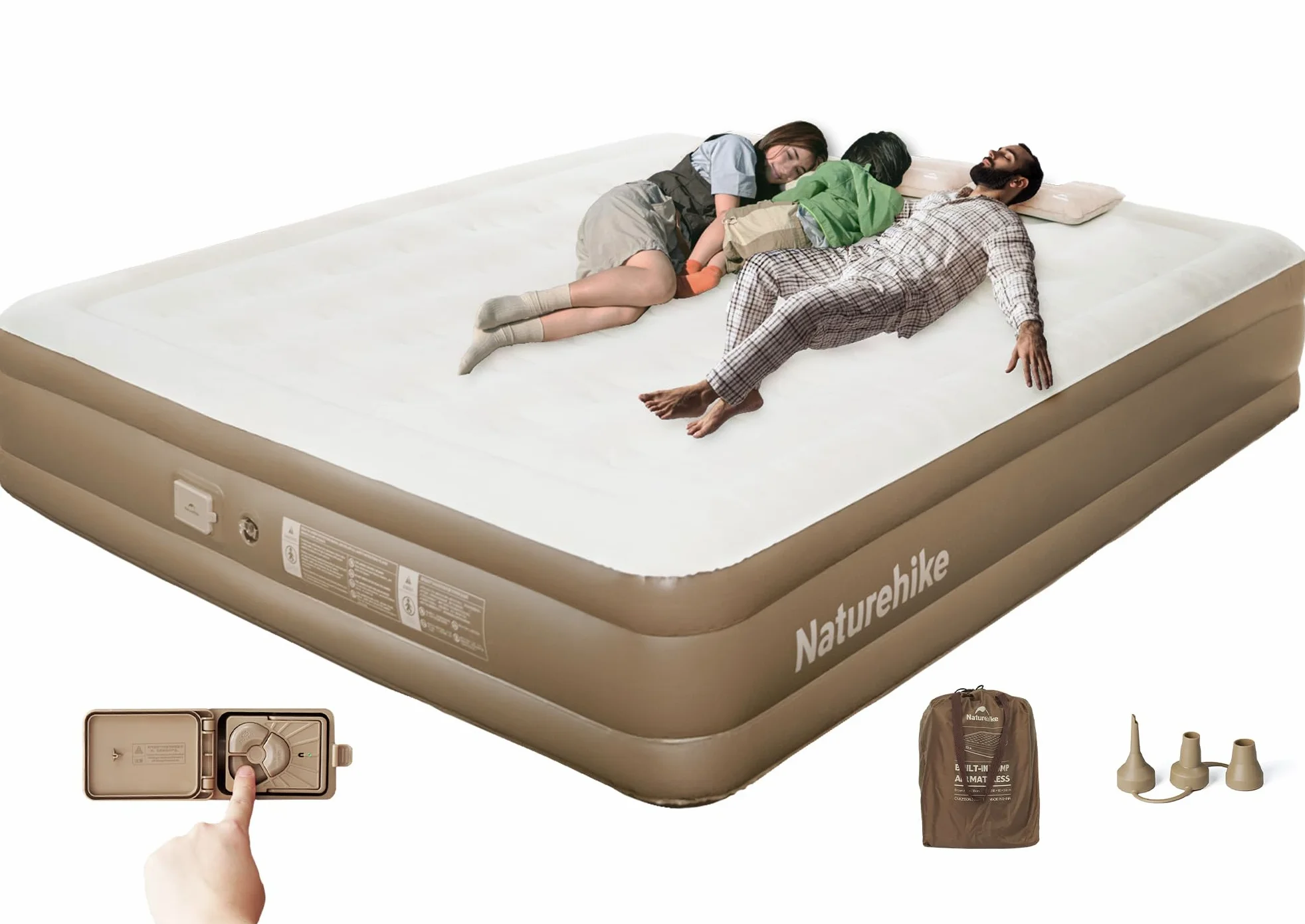Naturehike Colchón Hinchable 3 Personas con Bomba Integrada Recargable - 200x180x38cm Cama Hinchable para Camping y Casa - Colchón Inflable Portátil y Resistente