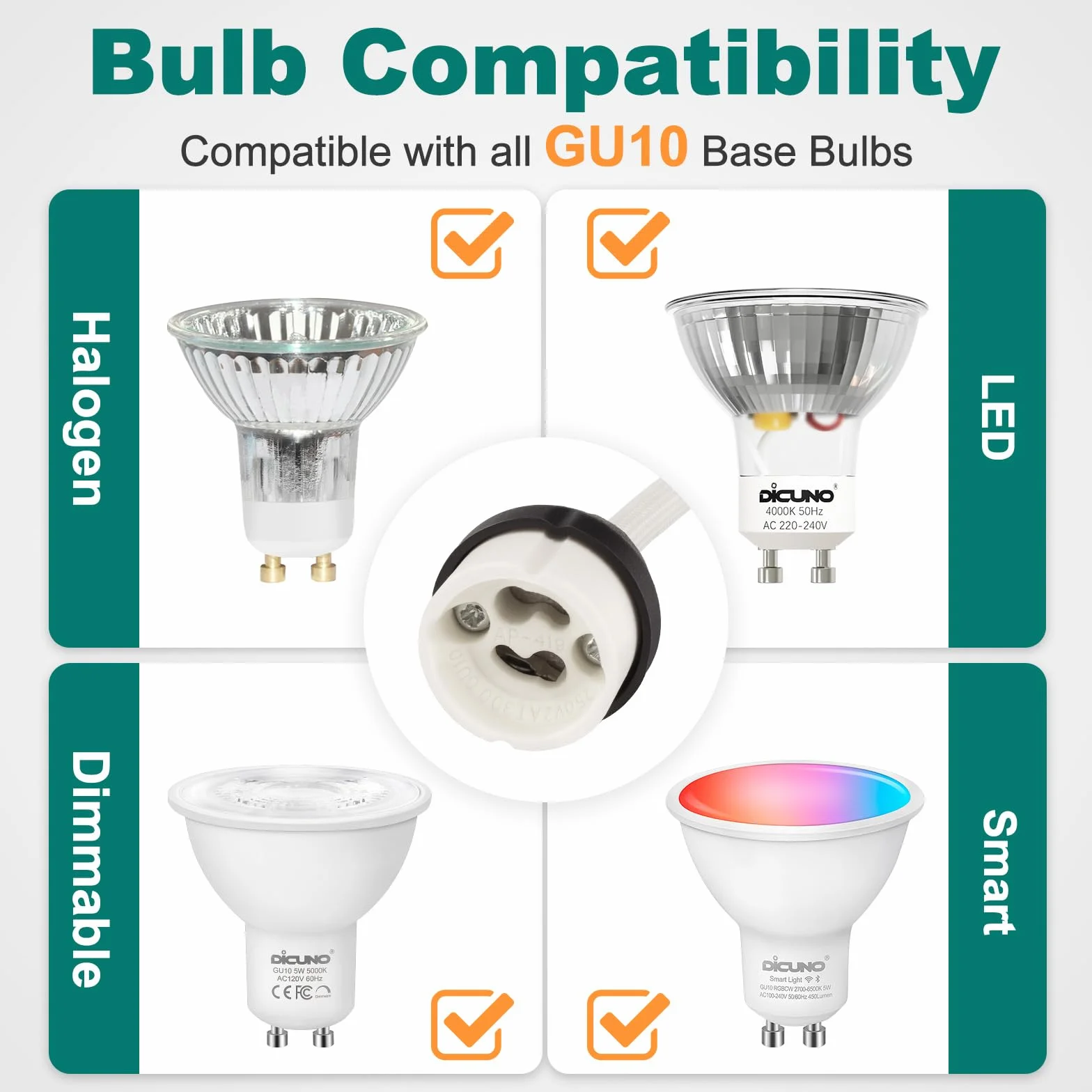 DiCUNO GU10 Portalámparas Base Cerámica 0.75mm² 15CM Cable VDE 2A 0-300W 0-250V 10 Piezas