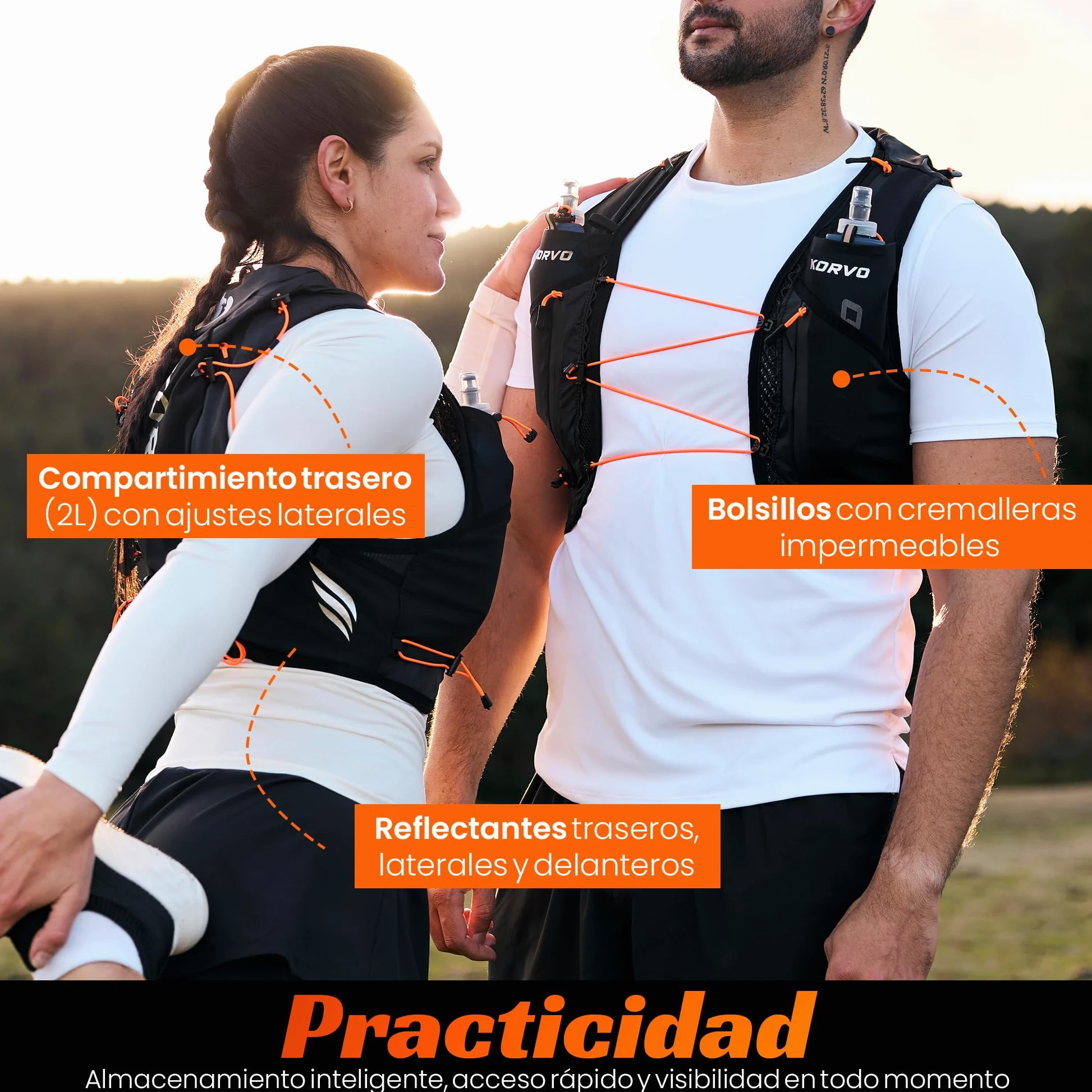 KORVO Chaleco Running Hombre y Mujer + 2 Soft Flask 500ml - Chaleco Hidratacion Trail Running, Mochila Hidratacion Correr, Mochila Trail Running Hombre, Running Vest, Chaleco para Correr