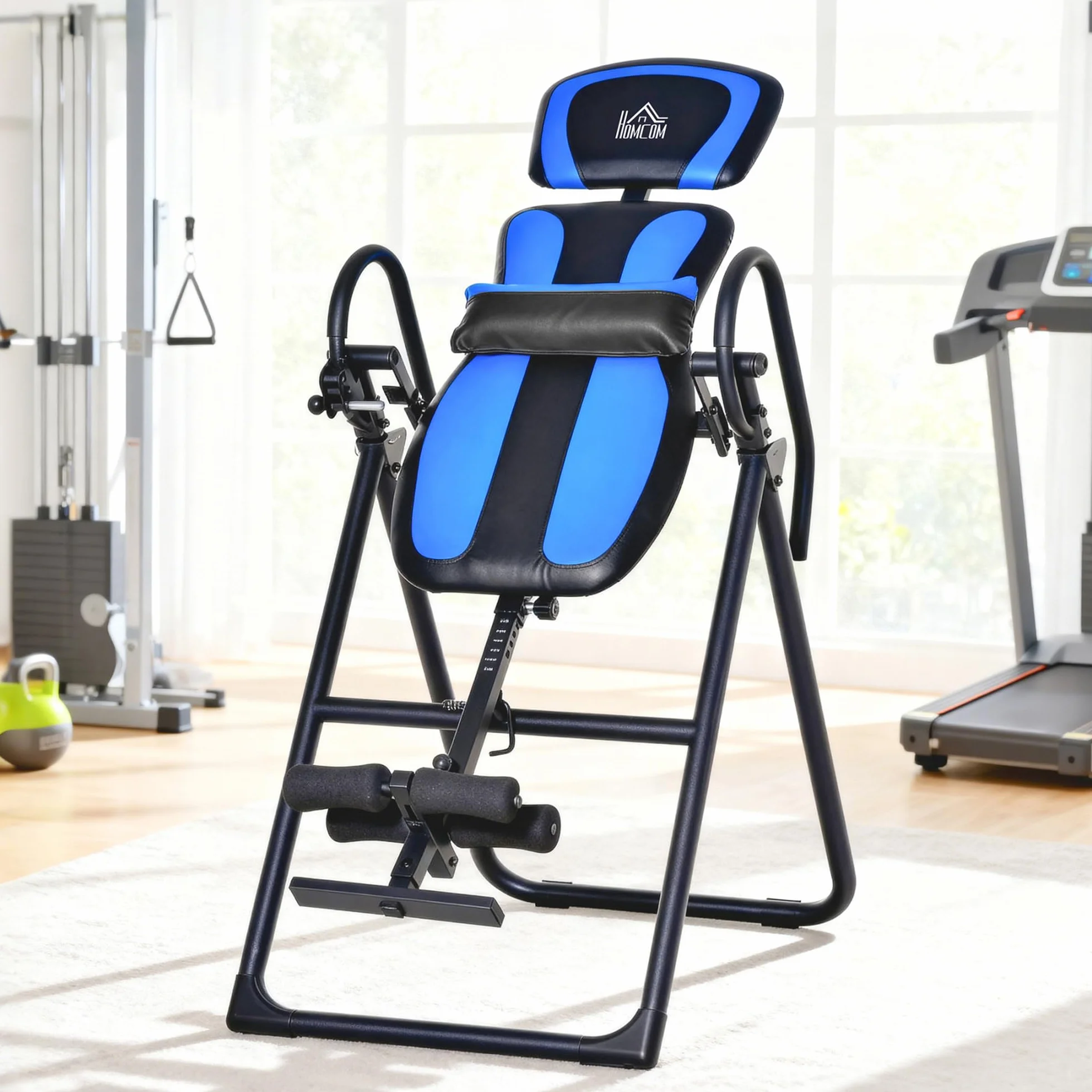 HOMCOM Tabla de Inversión Plegable con Ruedas, Altura Ajustable 140-203 cm, Banco de Inversión con Cinturón de Seguridad y Soporte de Lumbar, para Aliviar Espalda y Mejorar la Circulación