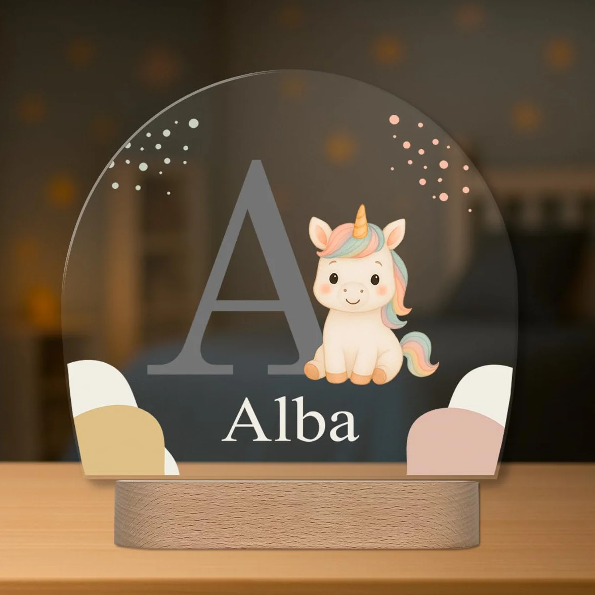 Lámpara Infantil Personalizada con Nombre e Inicial LED Quitamiedos Unicornio Regalo Original Bebé Bautizo Cumpleaños