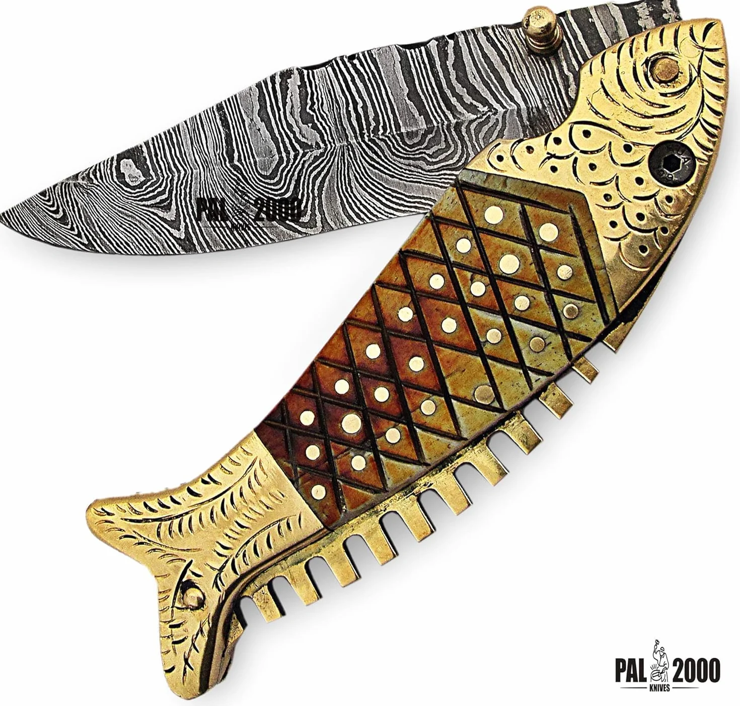 PAL 2000 KNIVES cuchillos de acero de damasco con funda de cuero