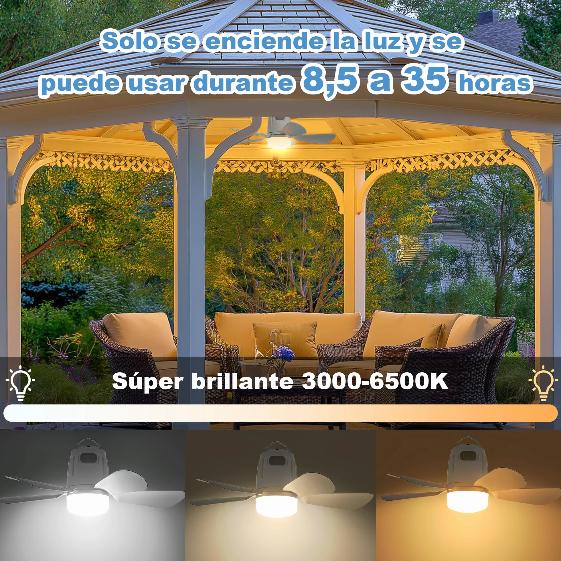 Ventilador Techo Exterior 50CM 20000mAh Recargable con Luz y Mando a Distancia Blanco