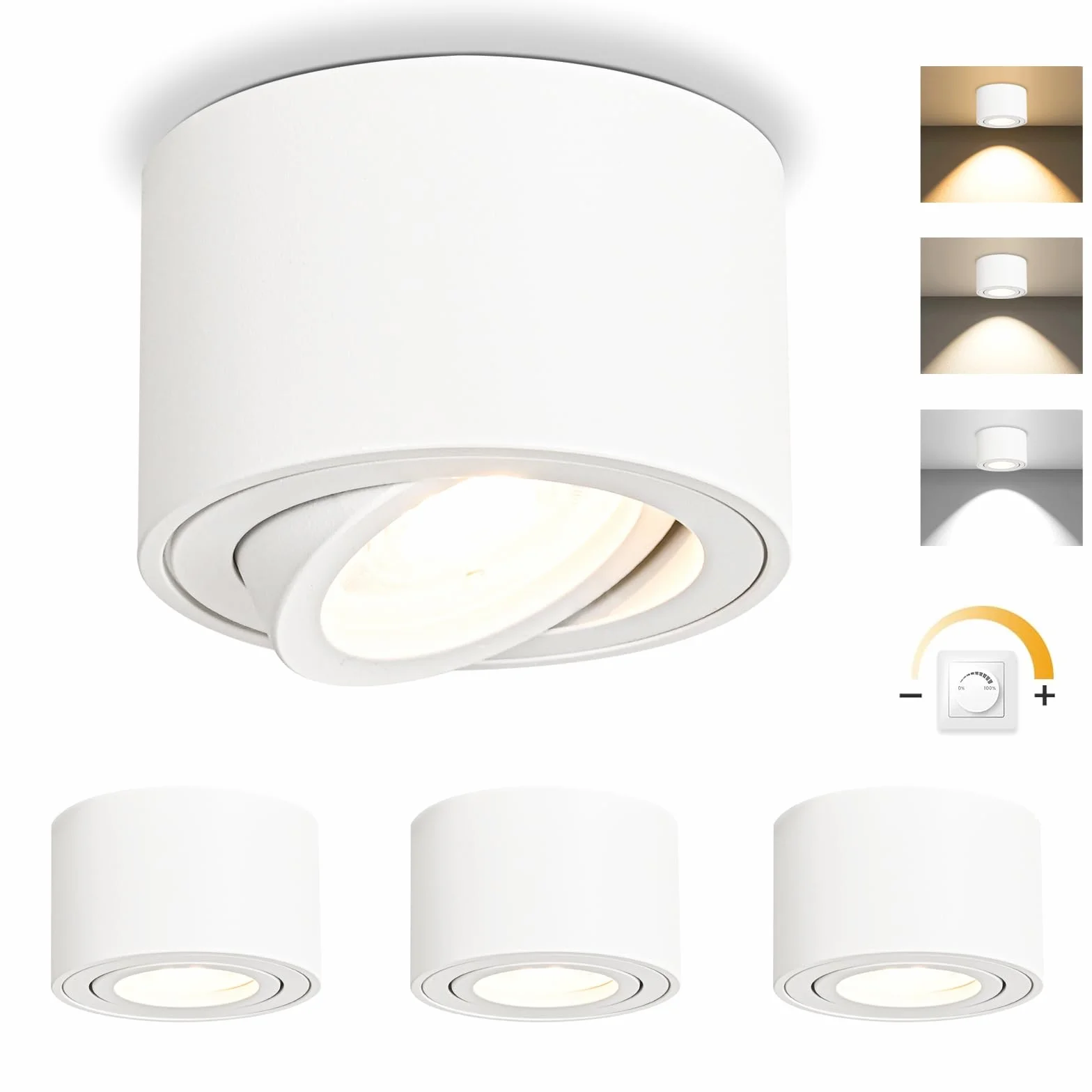 GeyouLux Foco LED Techo Regulable 5W Ø80x50mm Orientable 3000K/4000K/6500K 500LM 230V Aluminio Blanco Redondo 4 Piezas