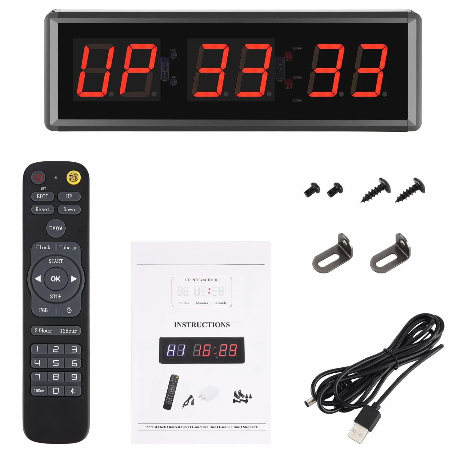 PELLOR Temporizador de Gimnasio Sports Timeter, 1.5" Temporizador Intervalos Fitness LED Programable con Cronómetro,Brillo Ajustable, Reloj de Entrenamiento con Control Remoto para Casa Garaje Externo