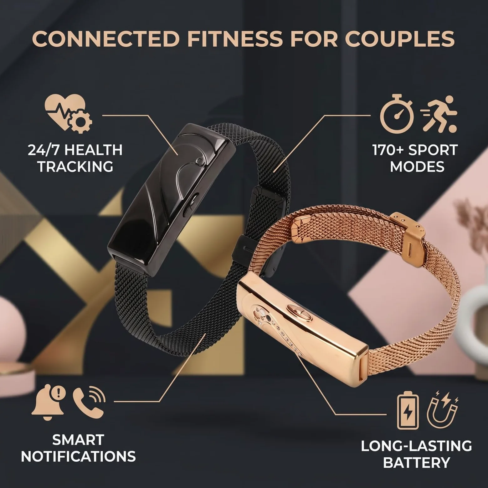 Pulsera Inteligente para Hombres y Mujeres, Rastreador de Actividad Física 170 + Modos Deportivos, Monitor de Sueño y Estrés 24/7, Pulsera para Parejas con Impermeabilización