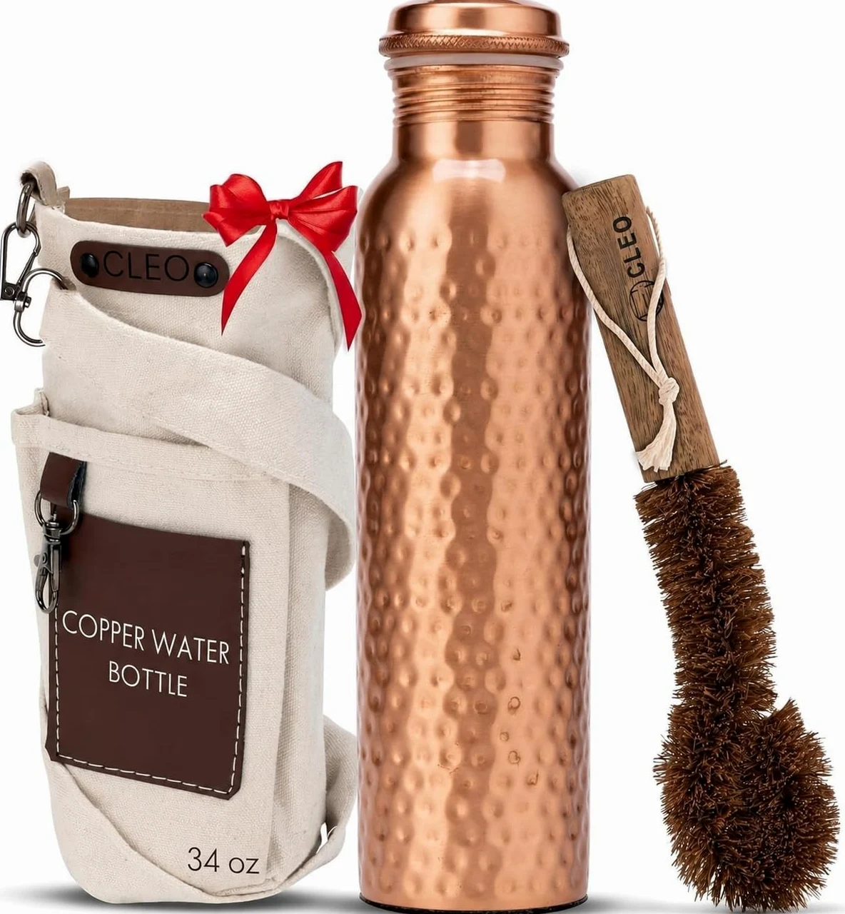 Botella de Agua de Cobre Puro Martillado a Mano 950 ml – Botella Ayurvédica Antifugas Sin BPA para Yoga, Viajes y Oficina con Bolsa de Lona, Bolsillo, Porta Tarjetas y Cepillo