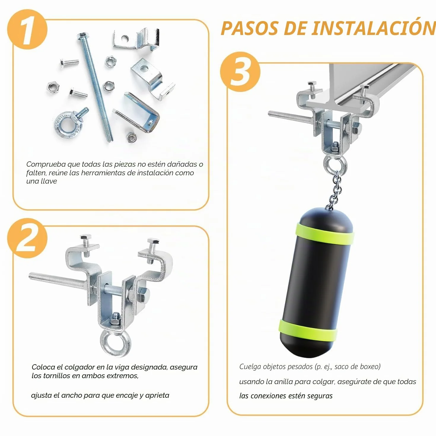 2 piezas Abrazadera Ajustable de Acero – Soporte para Saco de Boxeo, para Cargas Pesadas de Hasta 204 kg, Soporte Saco Boxeo Suelo Techo, Ajustable para Viga de 65 mm a 225 mm