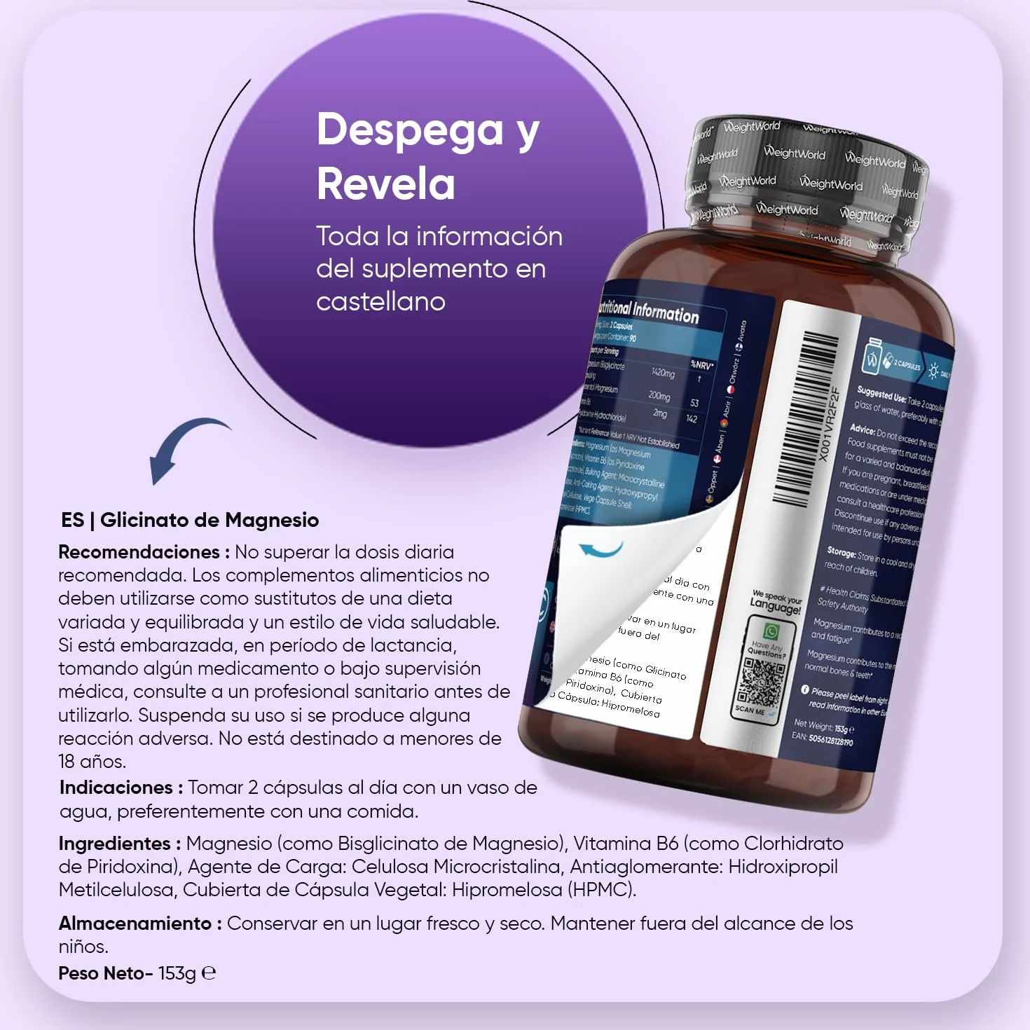Glicinato de Magnesio 1422mg con Vitamina B6 - 180 Cápsulas Veganas, 200mg Magnesio Puro, Sin OGM