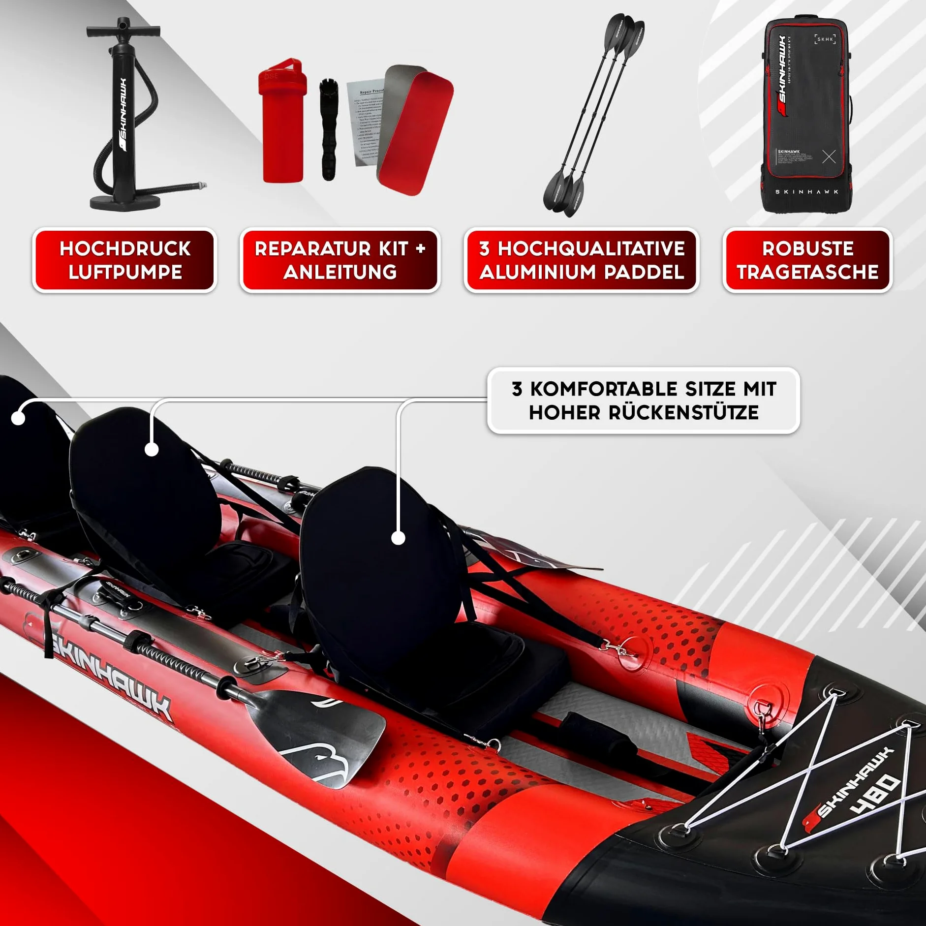 SKINHAWK Exclusivo juego de kayak rojo 480 – bote inflable – canoa – 480 x 96 cm – kayak para 3 personas