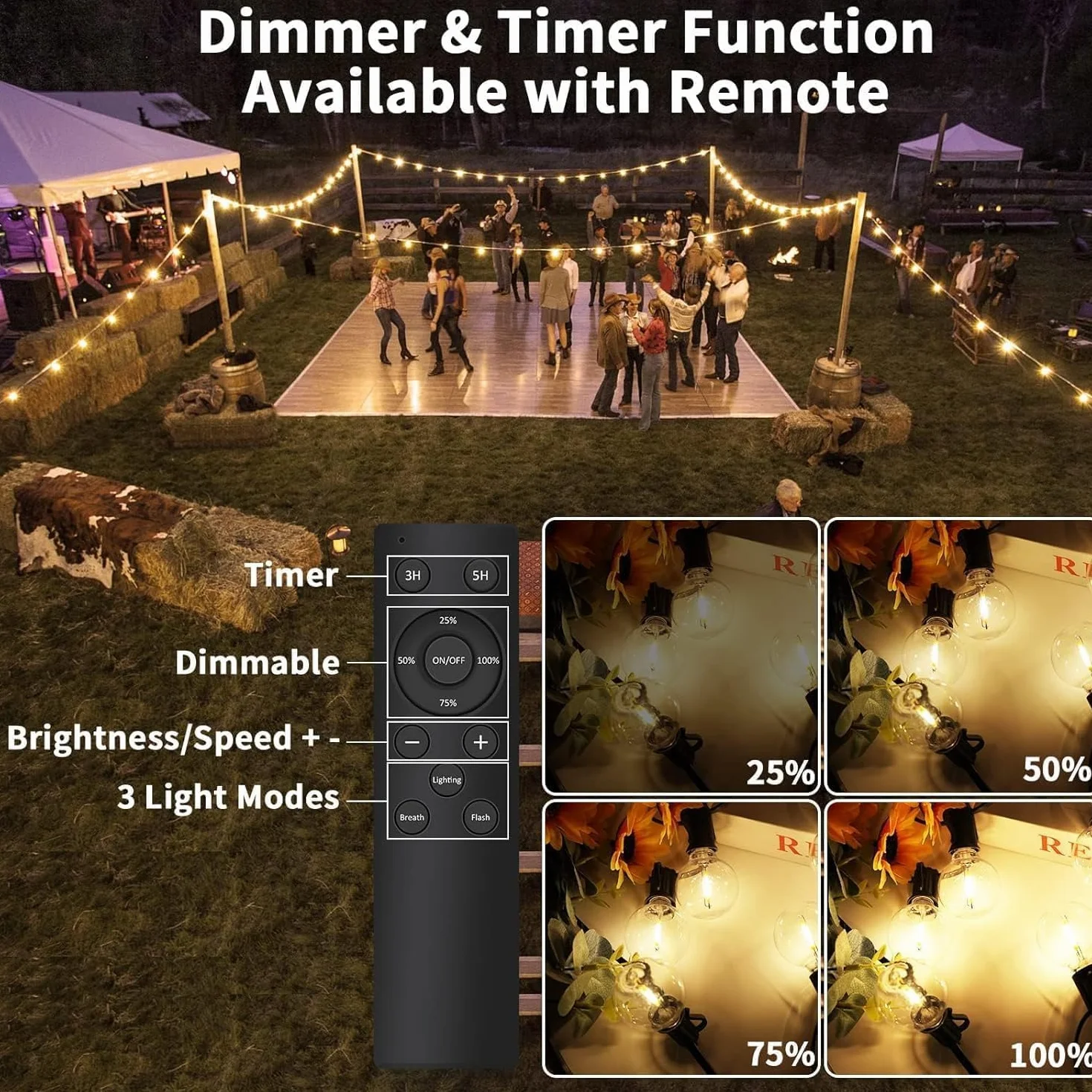 Guirnaldas Luces Exterior Regulable 15M, Guirnalda Luminosas Control Remoto 25+1 G40 LED Bombillas Impermeable Jardín Terraza