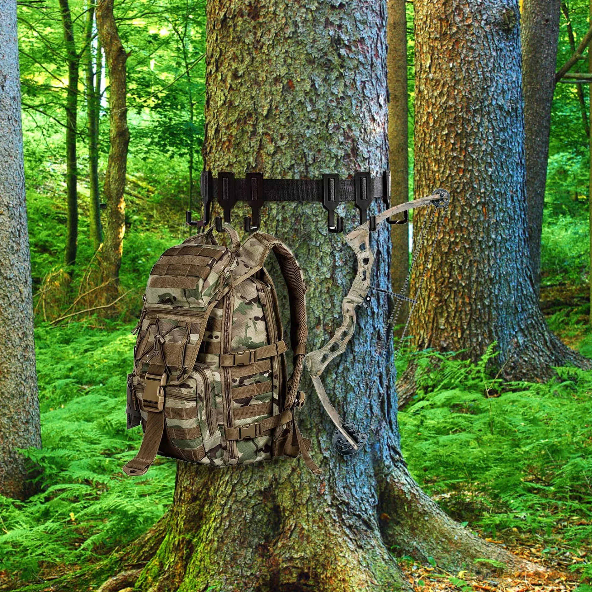 Colgadores para Árboles de Equipo de Caza, Negro Gancho con Correas de Trinquete, Soportes de Silla de Árbol Resistentes, Soporte para Árbol al Aire Libre para Caza (1 Correa con 6 Ganchos)