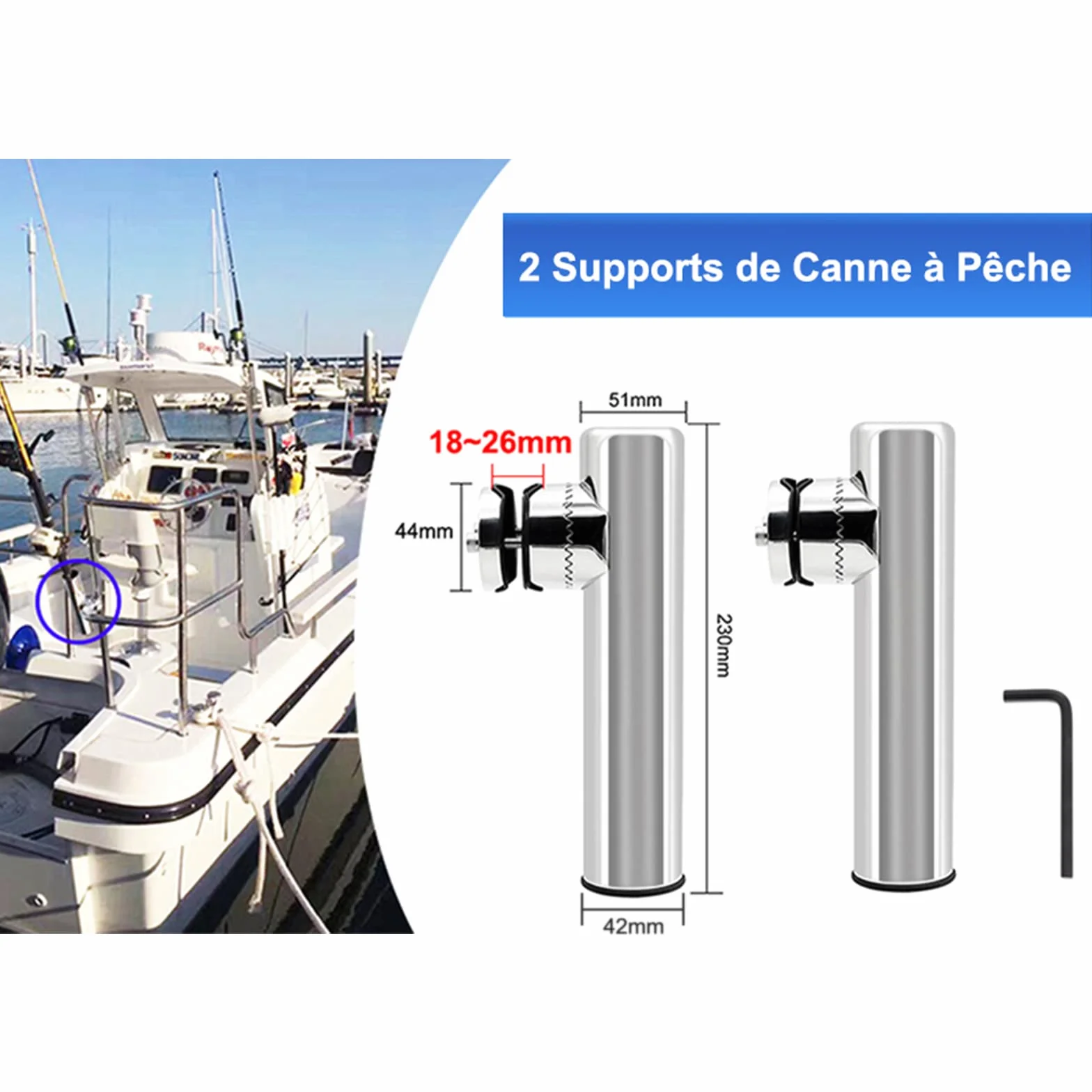 KAOLALI 2PCS Abrazadera para Soporte de Caña de Pescar, Soporte de Pesca de Acero Inoxidable, Carriles de Soporte de 18 mm a 26 mm Ideal para Barcos Yates