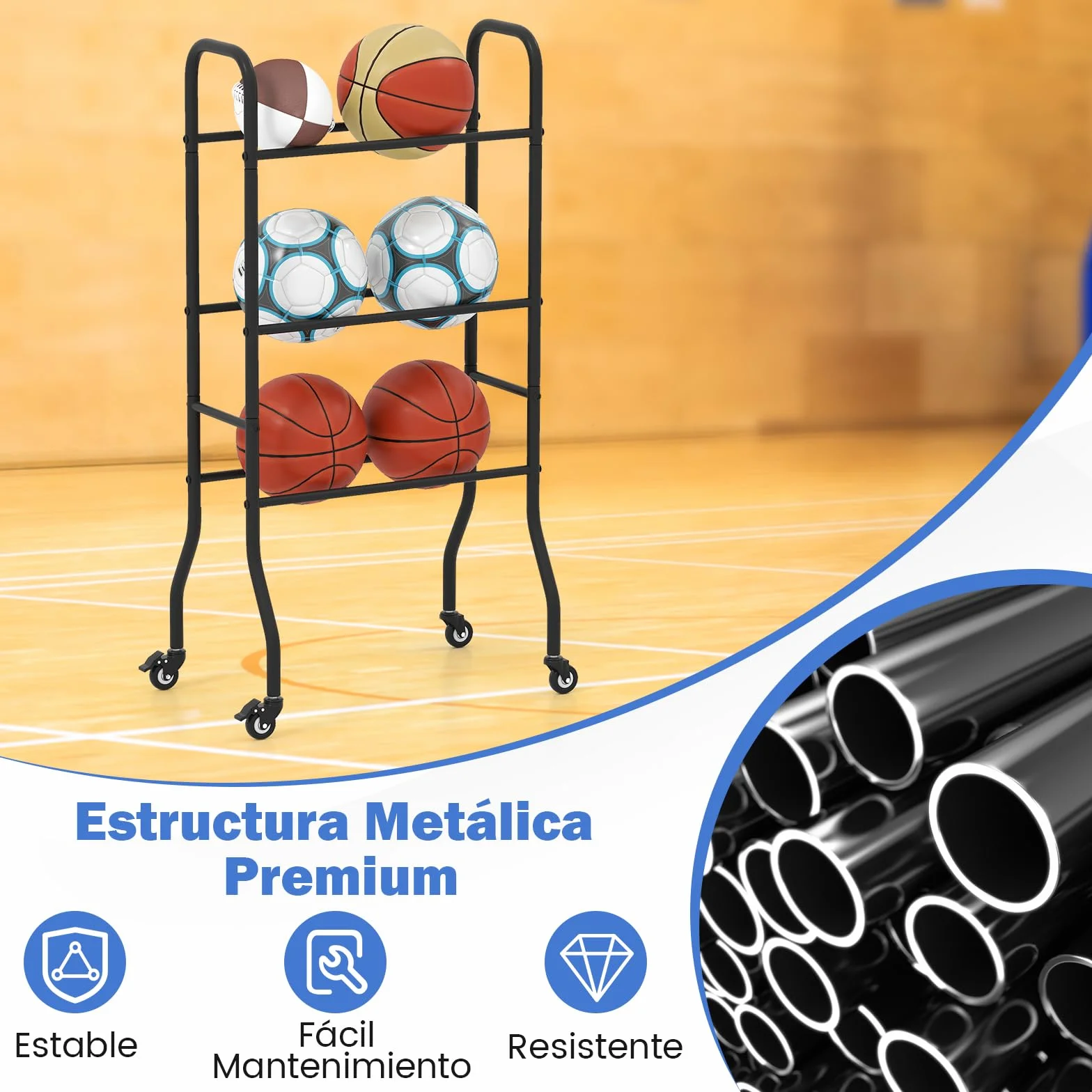 Estantería de Baloncesto 3 Niveles, Carro con 4 Ruedas Universales, Estructura Metálica, Organizador Deportivo para Fútbol y Voleibol