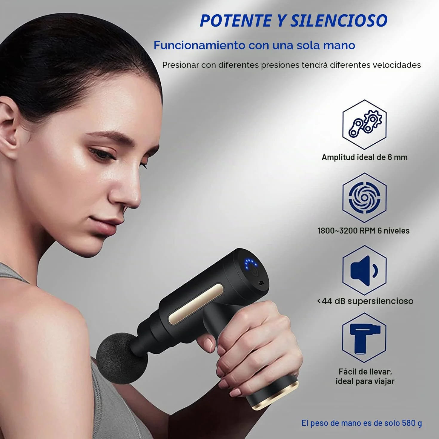Uplayteck Mini Pistola de Masaje Muscular Portátil 35DB 6 Velocidades 4 Cabezales