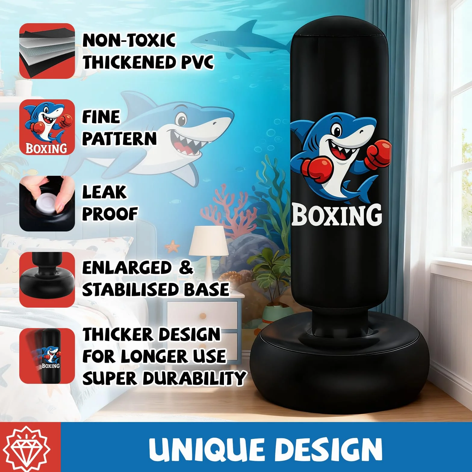 Saco de Boxeo Niños 3-8 Años 130cm con Bomba de Aire y Guantes, Bolsa de Boxeo Inflable para Karate Kickboxing MMA