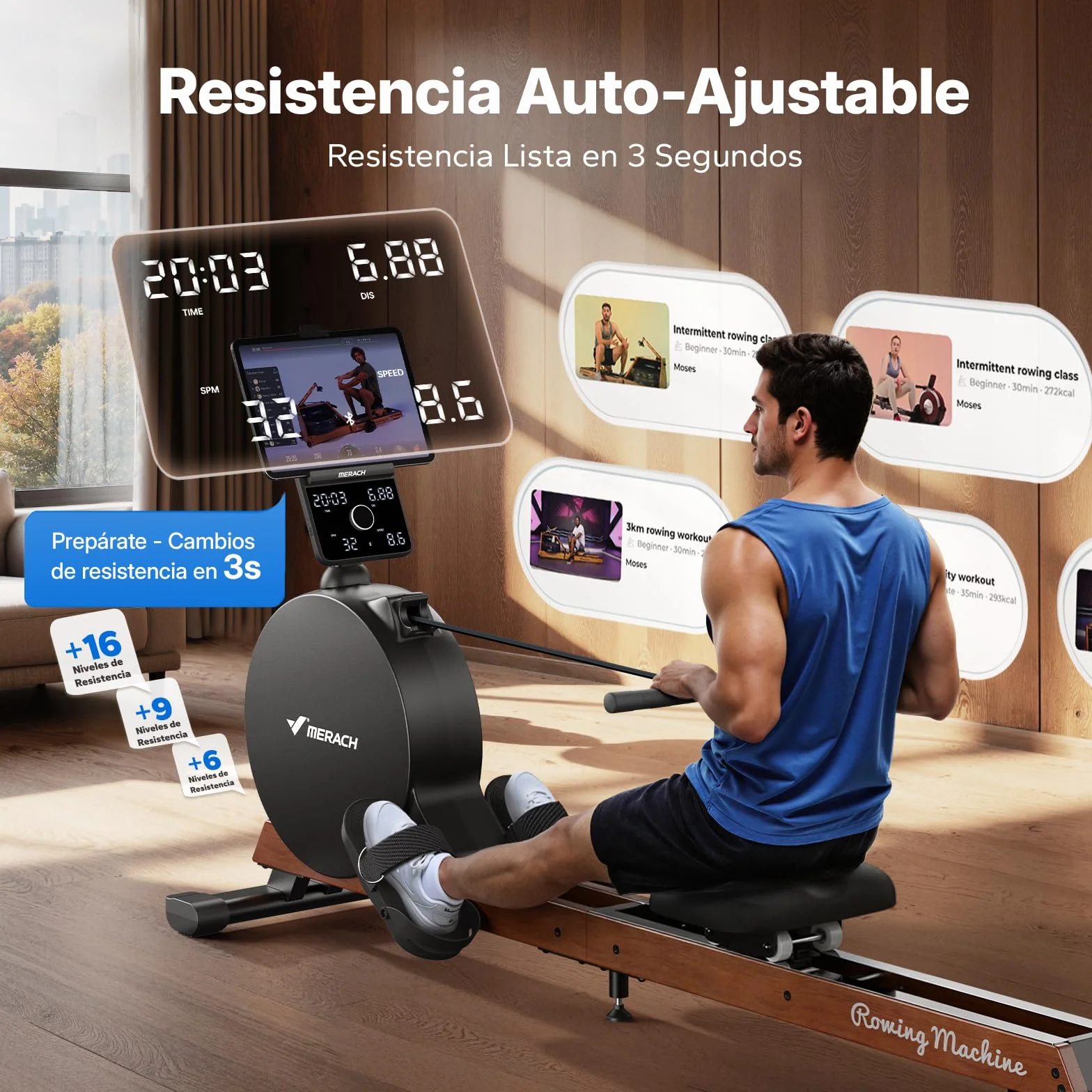 MERACH Máquina de Remo para Casa, Autogeneración, Resistencia Magnética Máxima Mejorada de 60 kg, Ajuste Automático de Resistencia, Rieles Dobles de Madera, Pantalla LED / 21,5" (R7) (LED (Q3))