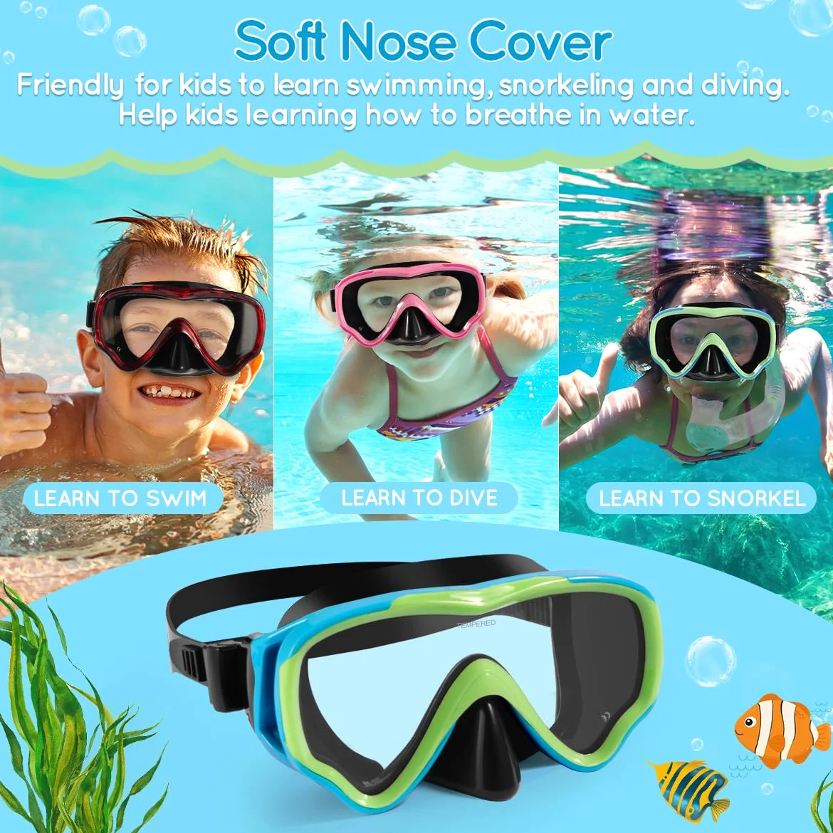 Máscara de buceo para niños, antivaho y antifugas, gafas de esnórquel, impermeables, duraderas, de vidrio templado para niños de 4 a 14 años de edad