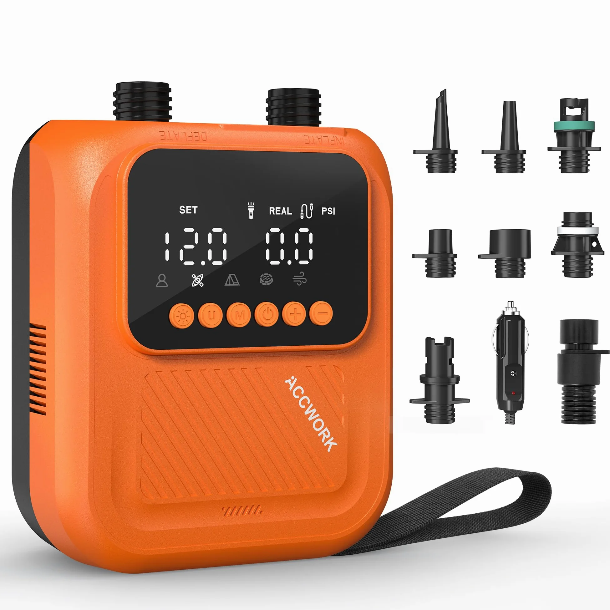 Bomba Eléctrica Sup 20 PSI, Inflador Paddle Surf Electrico | Parada Automática, Doble Pantalla Digital, Inflado/Desinflado, 7 Boquillas para Tablas de Sup Kayak Colchón Tienda Inflable
