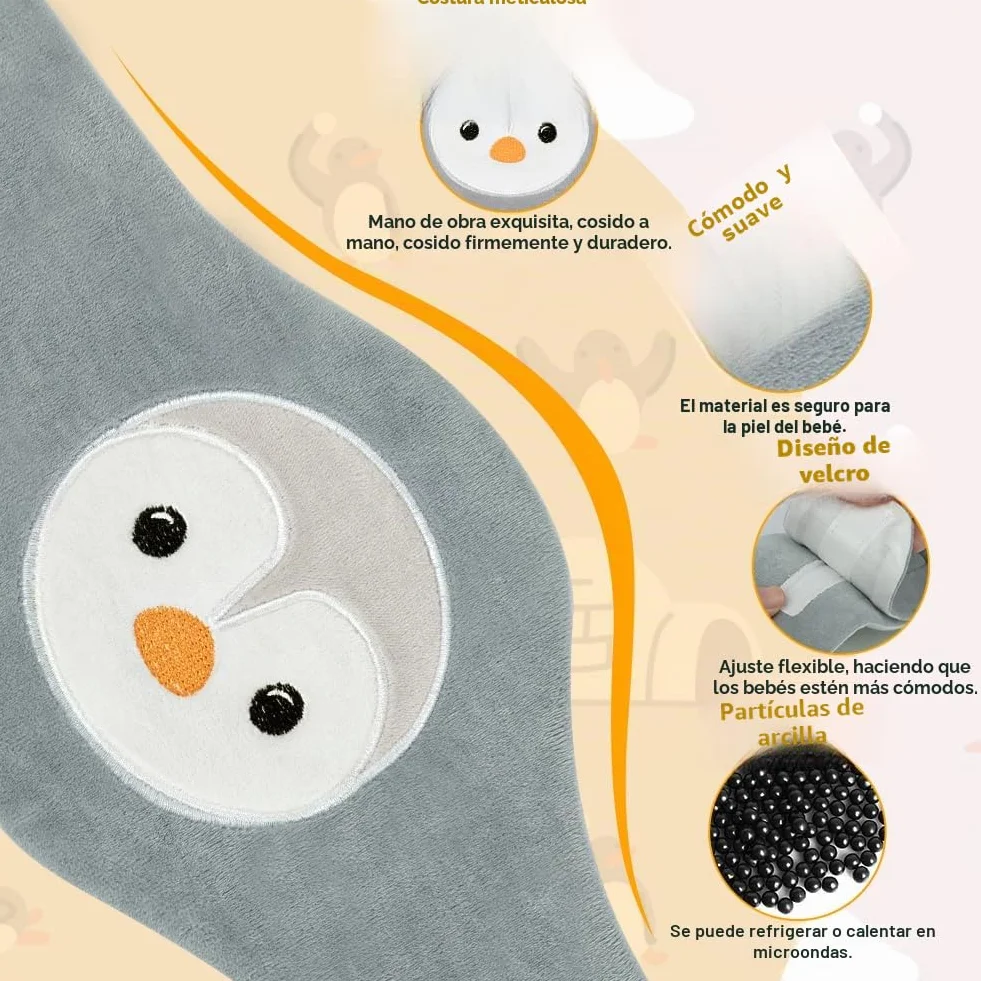 Vicloon Cinturón Anticólico para Bebé, Cojín Térmico Ajustable con Partículas de Arcilla, Lavable, para Dolor Abdominal (Pingüino)