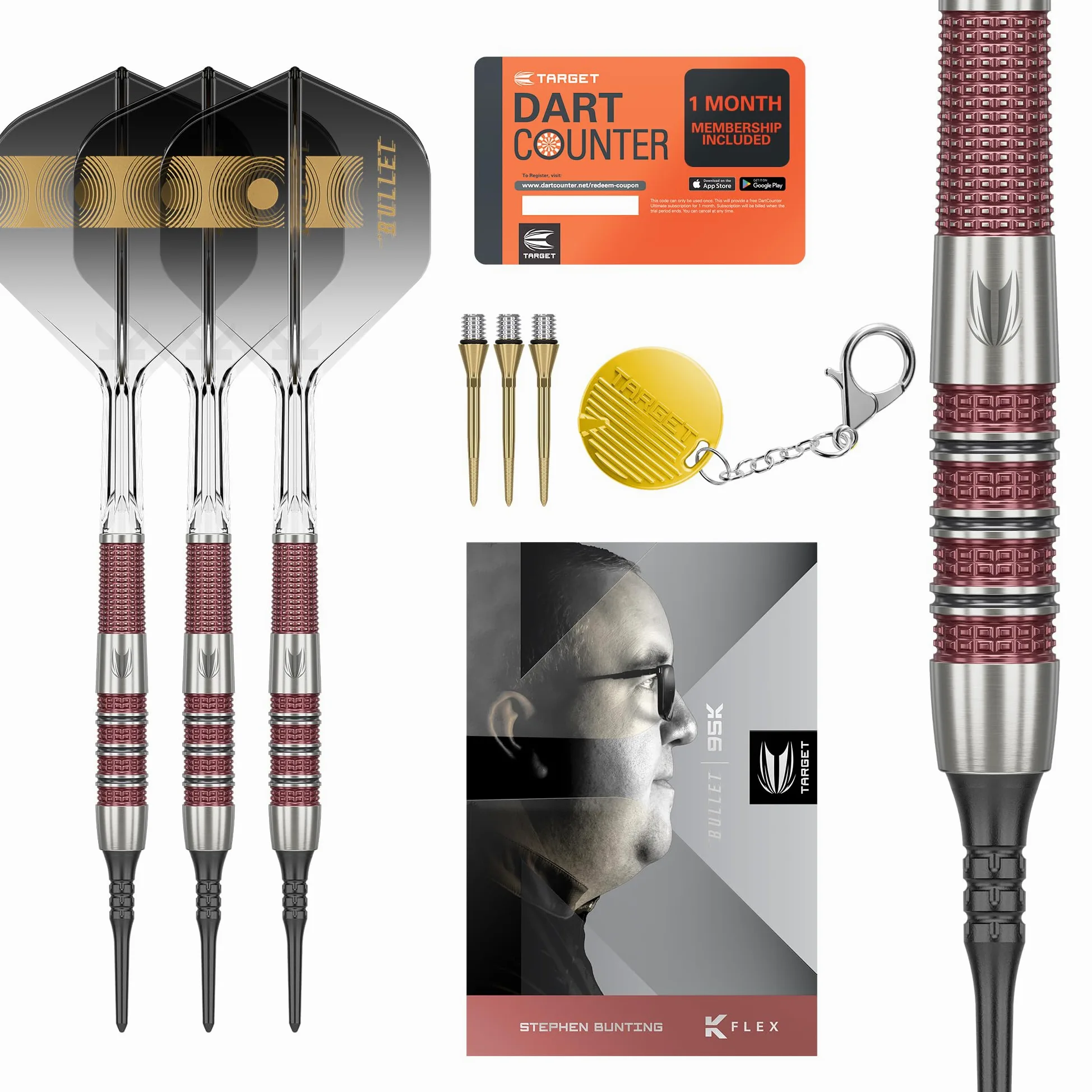 Target Darts Stephen Bunting 95K Set de Dardos de Punta Blanda, 19G | Dardos Kflex Flights & Shafts, The Bullet Player Edition 95% Tungsten, Nano Swiss Steel Tip Conversion Points y llavero premium SP