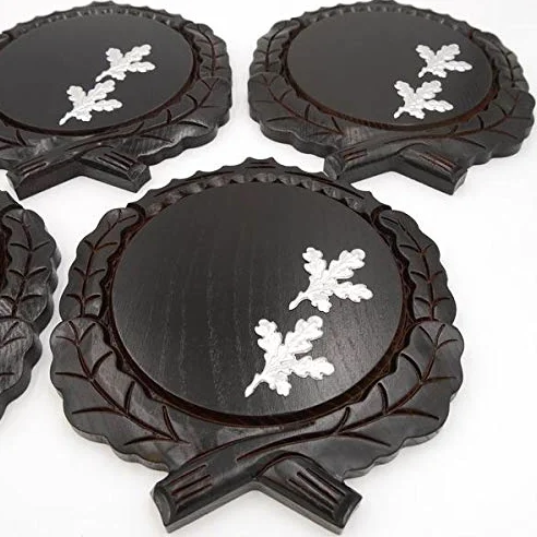 GTK - Juego de 5 placas cuña talladas oscuras AF 17,5 cm con 10 hojas de aluminio de roble, portada de cuñas, tabla de especias, cartel para trofeos