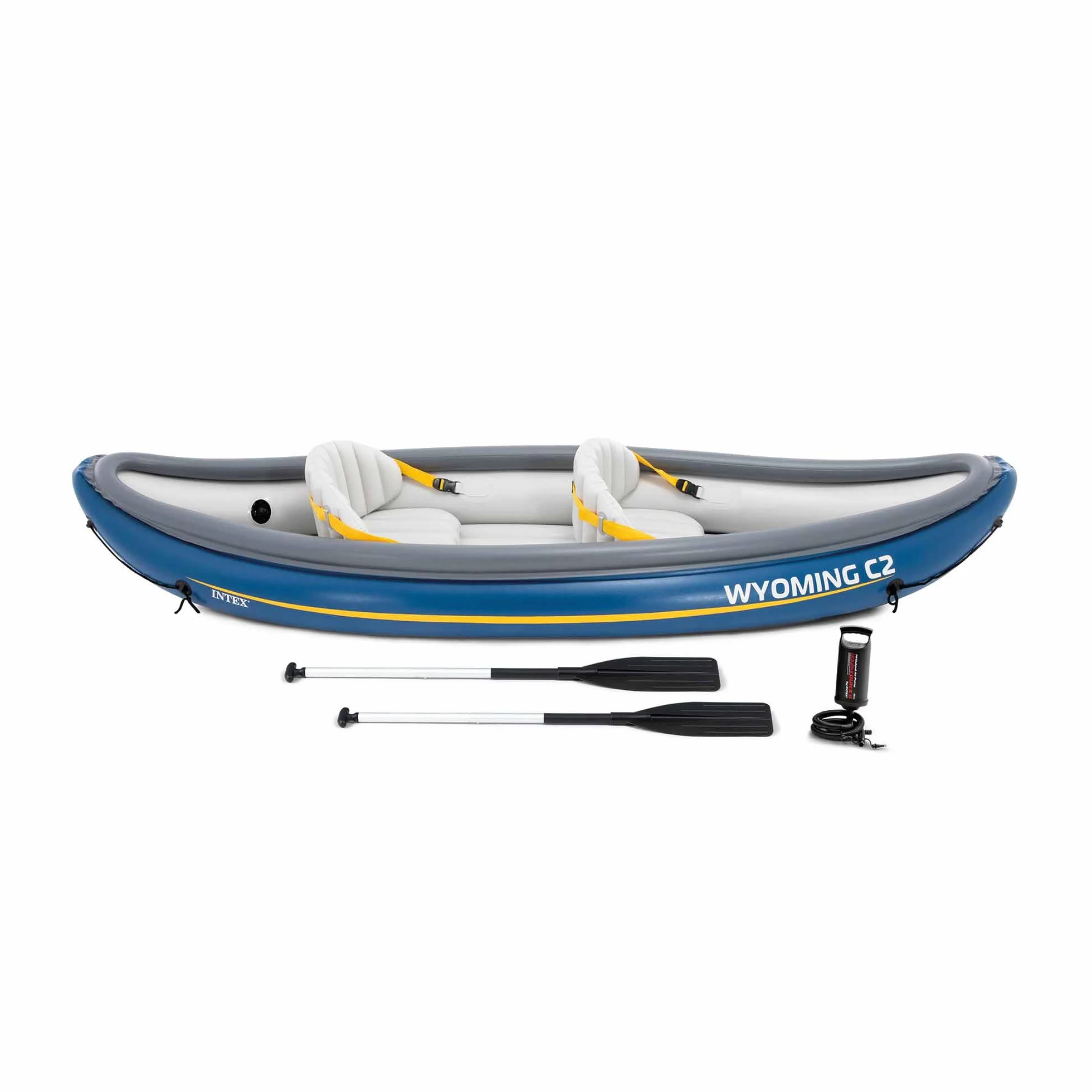 Intex Canoa Hinchable 2 plazas 89x307x53cm, Peso máx 180Kg, Asiento Hinchable Regulable con Respaldo, Bomba de hinchado, 2 remos, Cuerda de sujeción, quilla extraíble y Bolsa de Transporte (68389)