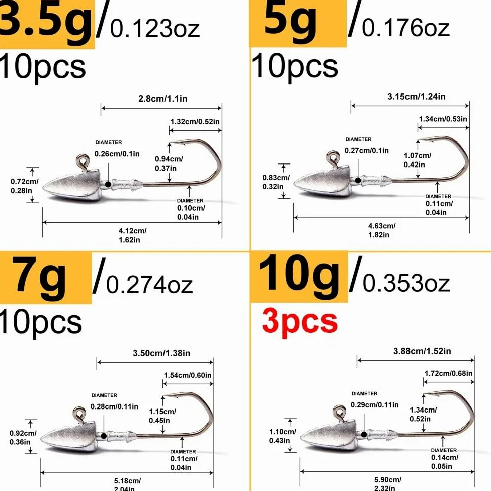Anzuelos de Pesca 33 unids/Caja 3,5g/5g/7g/10g anzuelos de Cabeza Triangular for Aparejos Pesca Gusanos Blandos Anzuelo mar Cebo Combinado