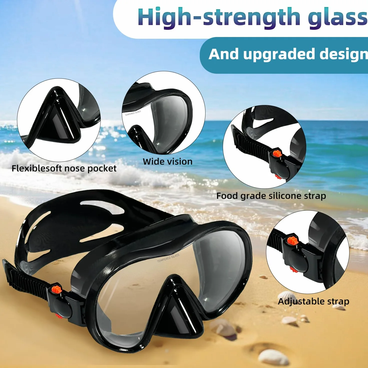 M105 - Máscara de buceo panorámica HD de silicona, antivaho de 180°, gafas de buceo de vidrio templado, gafas de buceo para adultos y jóvenes, gafas de natación para buceo, esnórquel, natación con